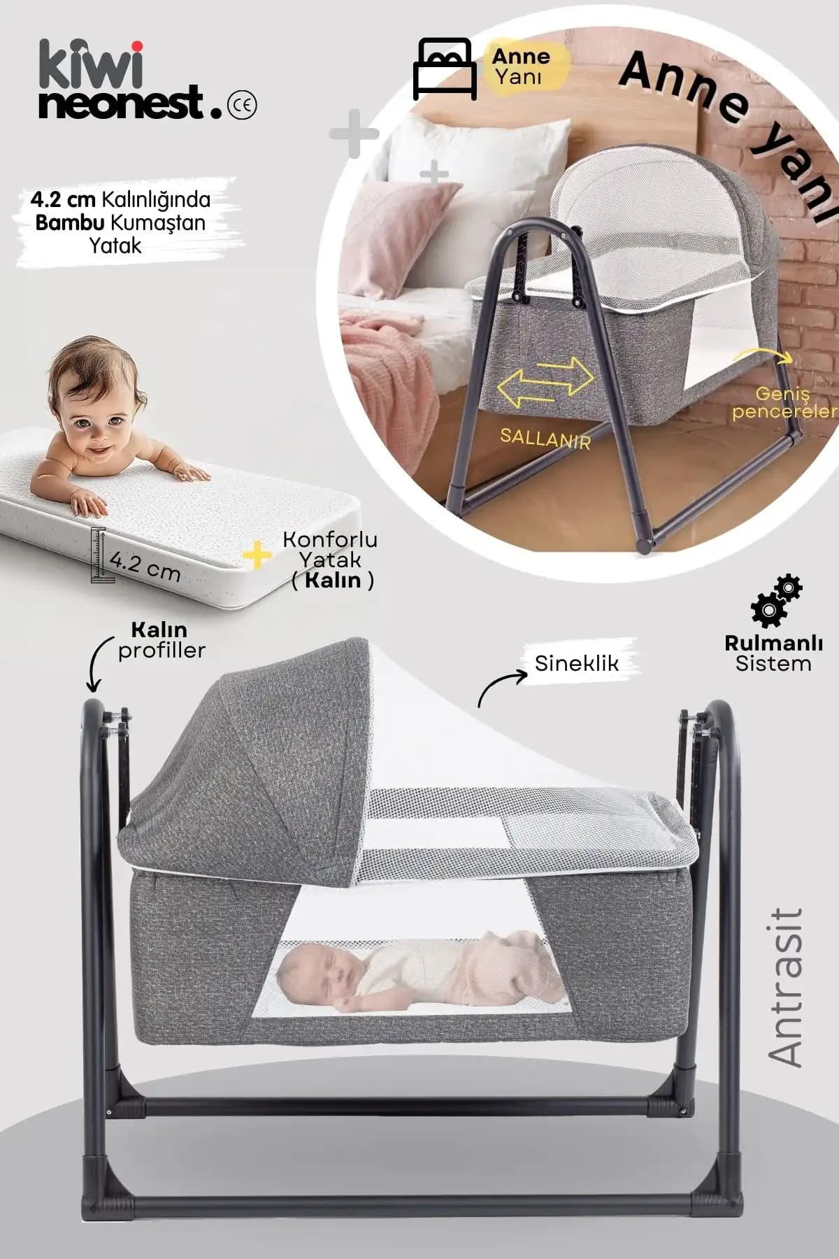 Kiwi Neonest Anne Yanı Bebek Beşiği: Modern ve Güvenli Uyku Çözümü