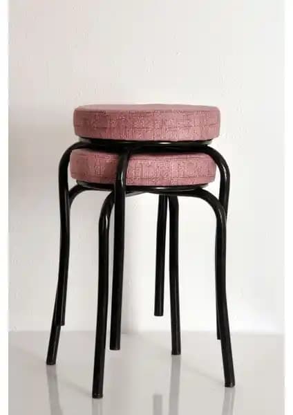 Akk Ticaret 2'li Desenli Pembe Kumaş ve Siyah Demir Profil Tabureler