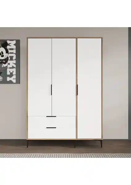 Alonex Aden 3 Kapaklı Çekmeceli Beyaz Gardırop Modern ve Fonksiyonel Tasarım