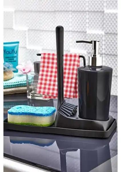 Ata Home Armona Silikon Fırçalı Tezgah Üstü Mutfak ve Banyo Sıvı Sabunluk Takımı