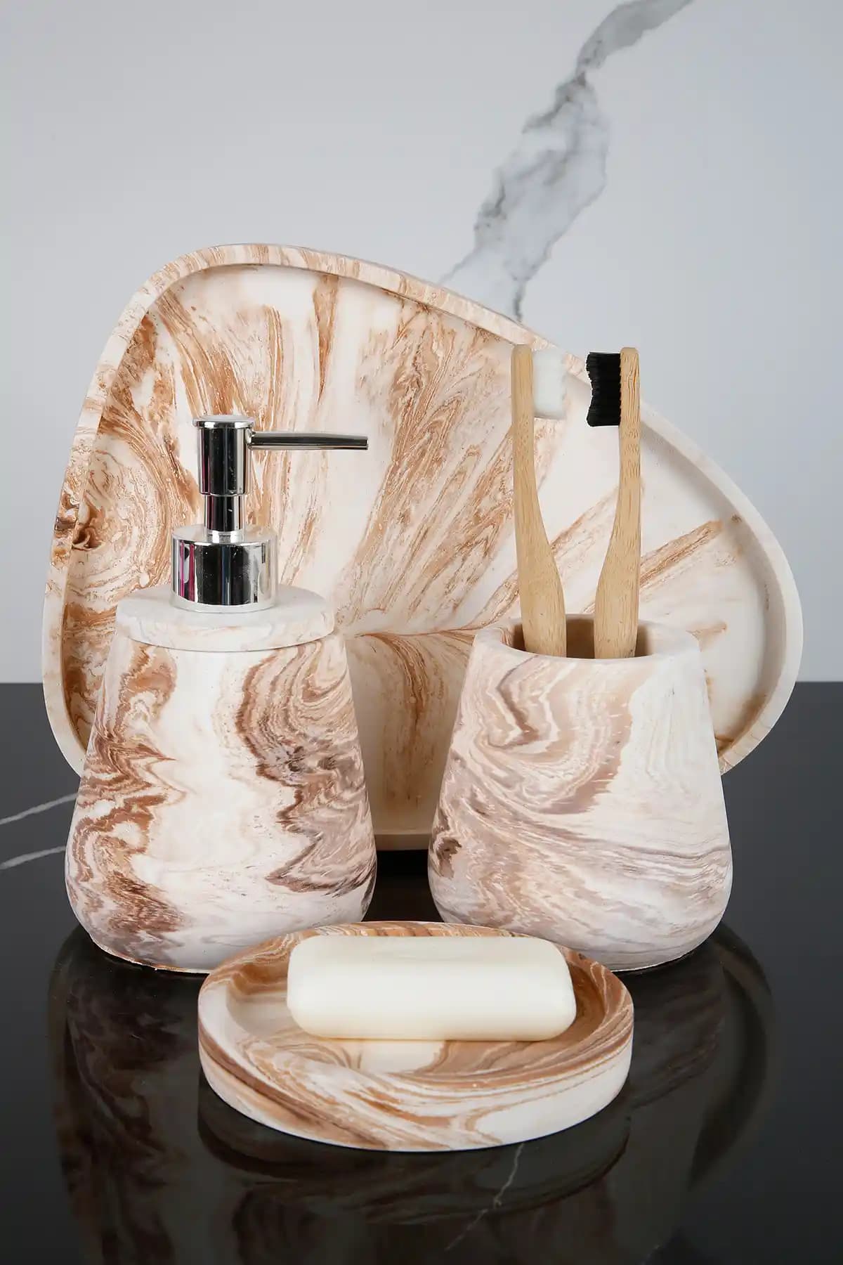 Betonmall 4 Parça Mermer Desenli Beton Banyo Seti Dayanıklılık ve Estetiğin Buluşması