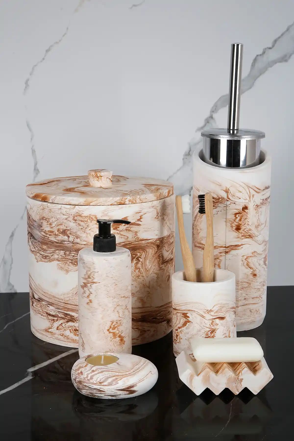 Betonmall 8 Parça Mermer Desenli Banyo Seti: Modern ve Dayanıklı Banyo Aksesuarları