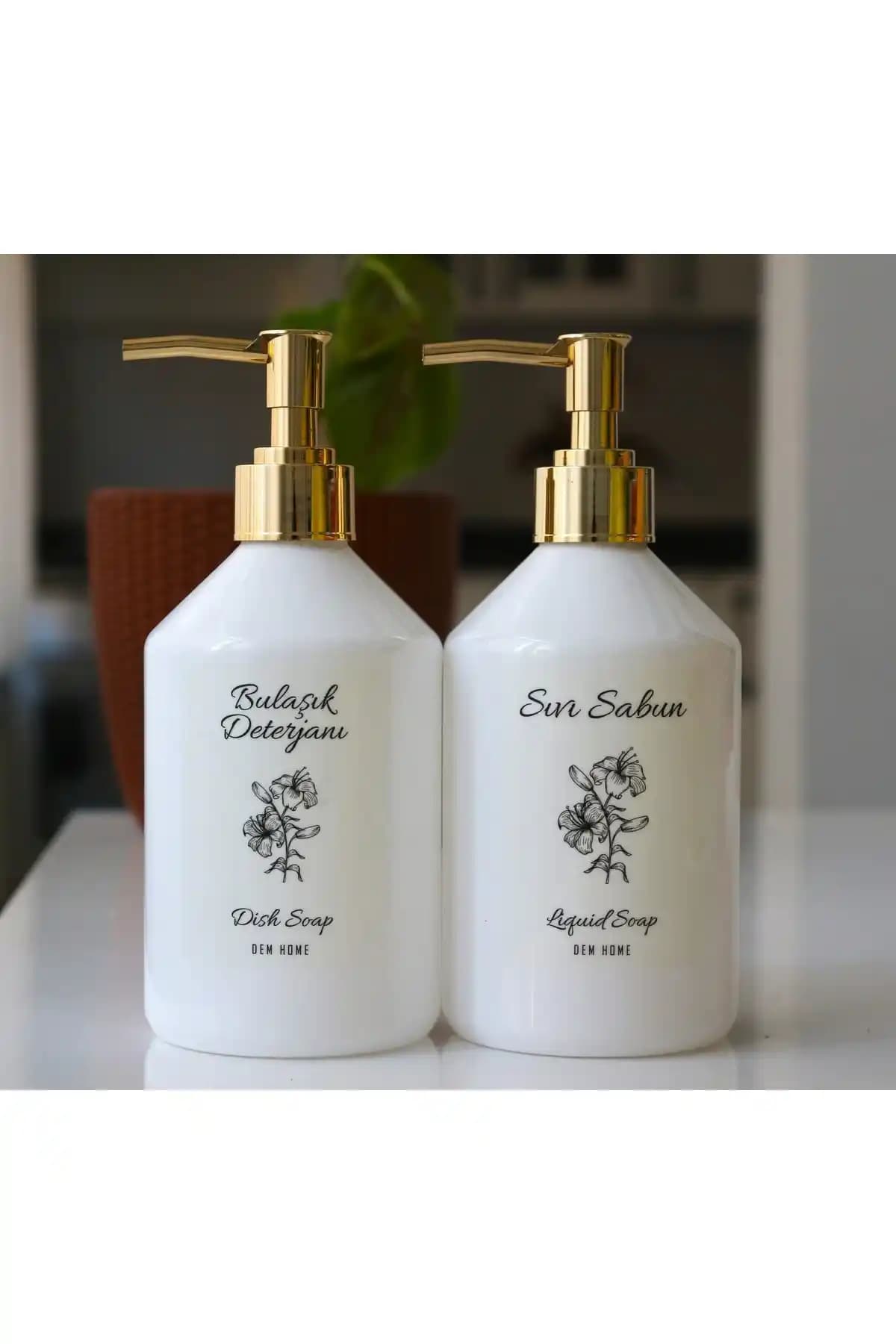 Dem Home Gold Kapaklı Beyaz Plastik Sabunluk Şişe Seti Modern ve Dayanıklı Tasarım