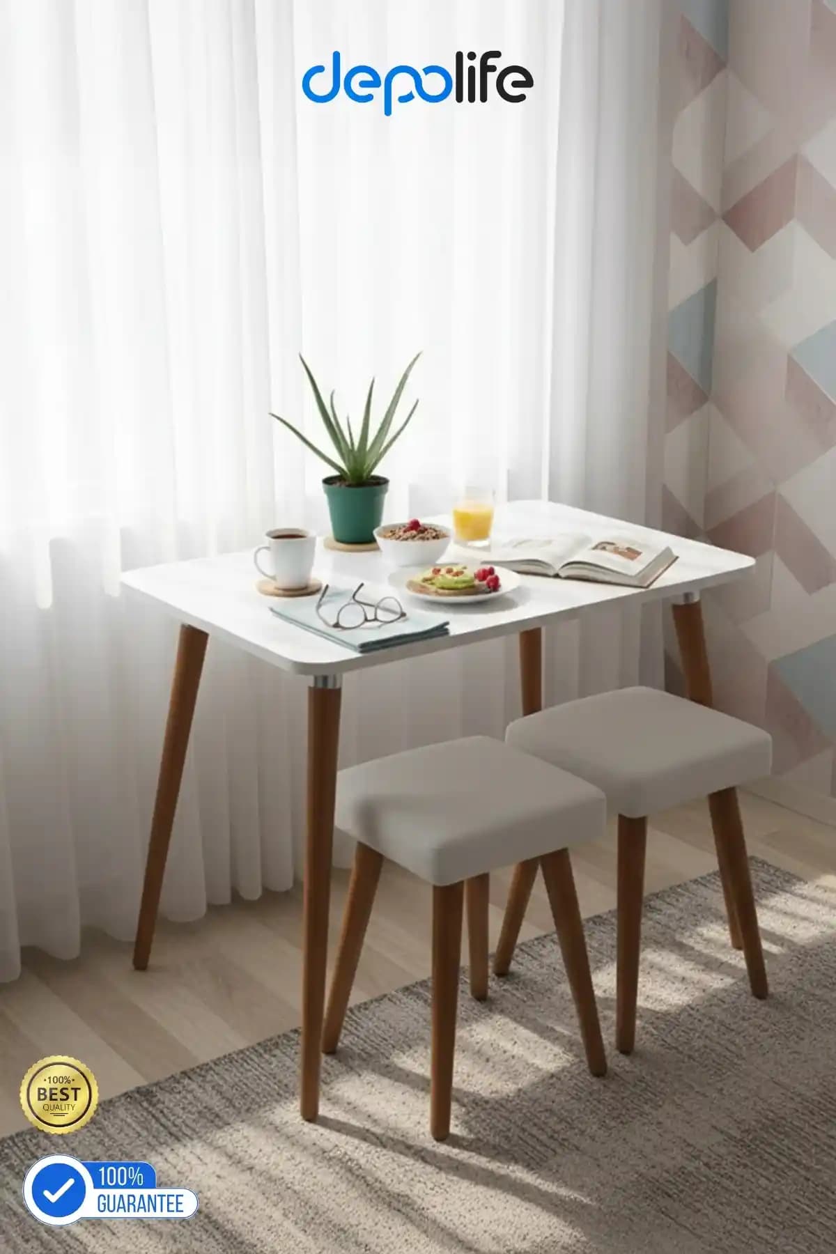 Depolife Gürgen Ahşap Ayaklı 2 Tabureli Modern Mutfak ve Yemek Masası Takımı