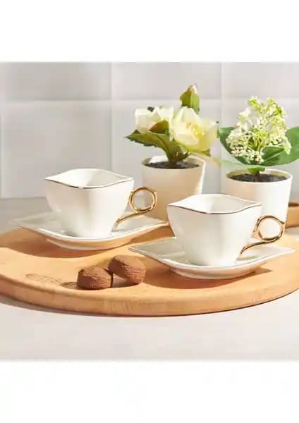 Emsan Sonsuz Aşk 2 Kişilik Beyaz Gold Kahve Fincan Takımı Şık ve Zarif Tasarım
