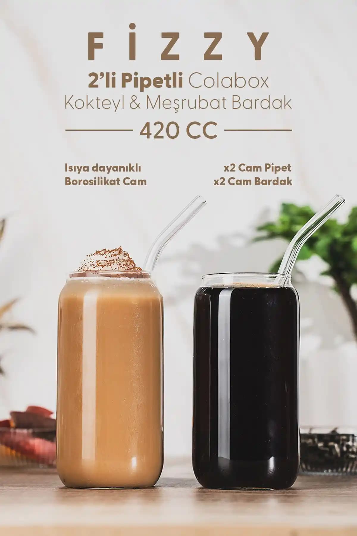 Fhilli Fizzy 2'li Pipetli Colabox Seti Dayanıklı Borosilikat Cam Bardaklar ve Estetik Tasarım