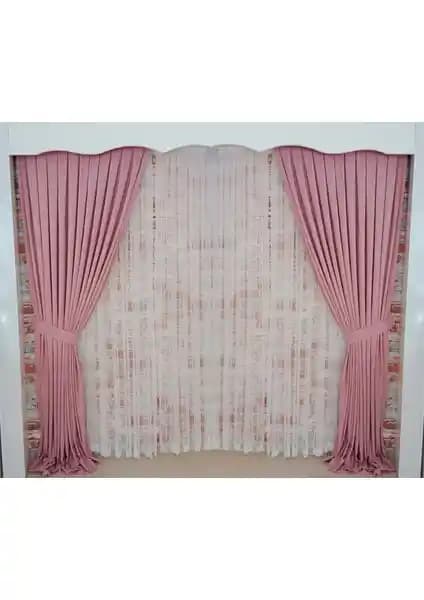 Figen Perde Gül Renk Fon Perde Kadife Kumaş Çift Kanatlı ve Estetik Tasarım