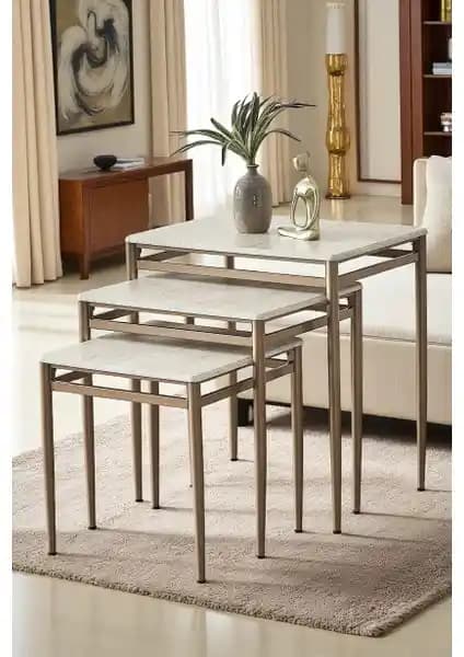 Fursimo Damrin Serisi Traverten Desen 3’lü Zigon Sehpa Takımı Modern ve Dayanıklı Tasarım