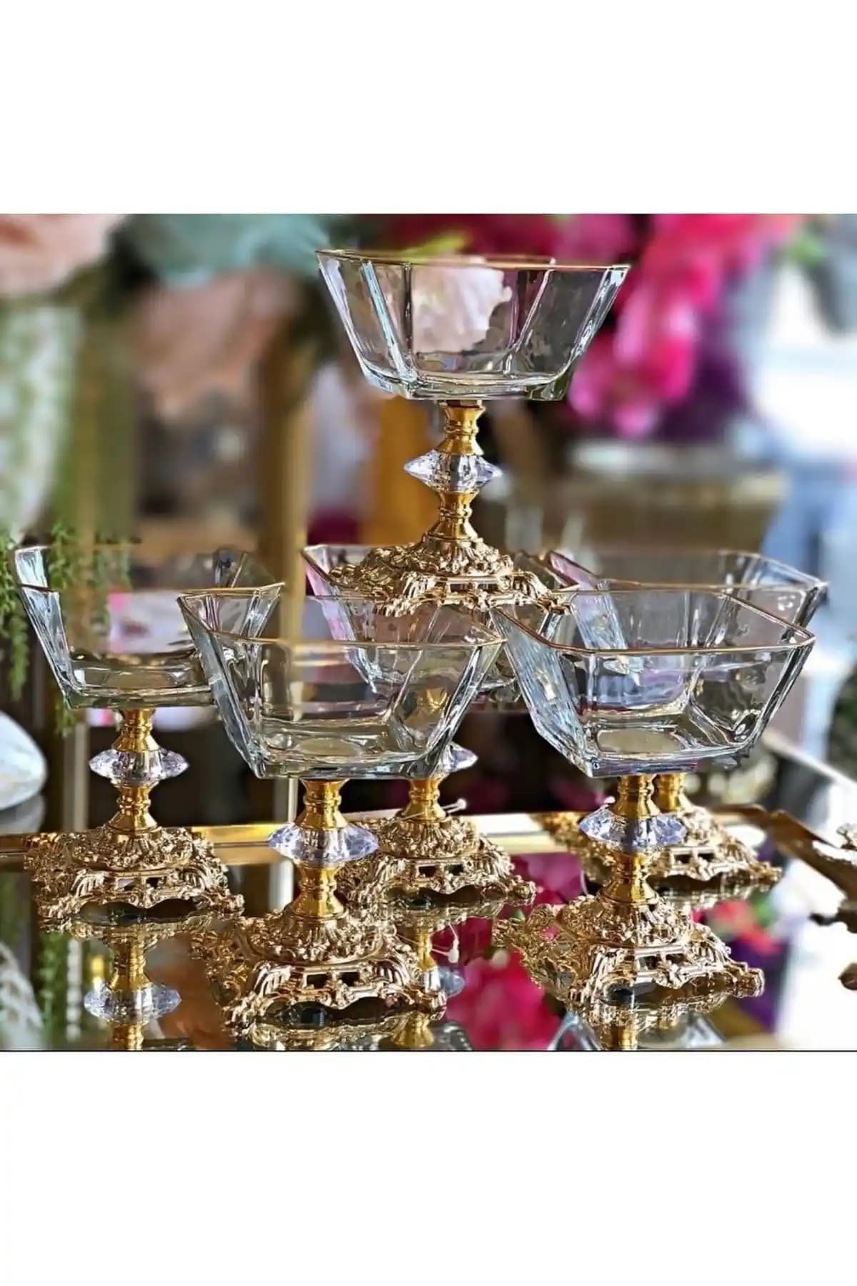 Genel Markalar Metal Ayaklı Cam Tatlı Dondurma Çerezlik Kase Seti 6'lı Altın Detaylı