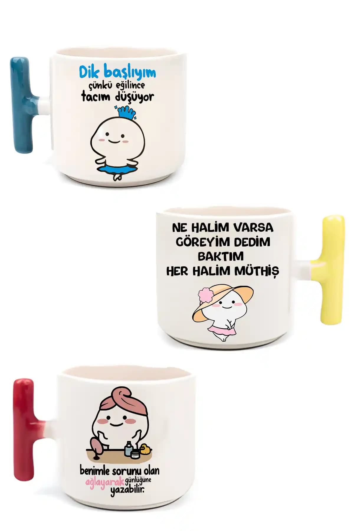 GünayStore Renkli Mochi Cat Baskılı 3'lü Seramik Kahve Fincan Seti