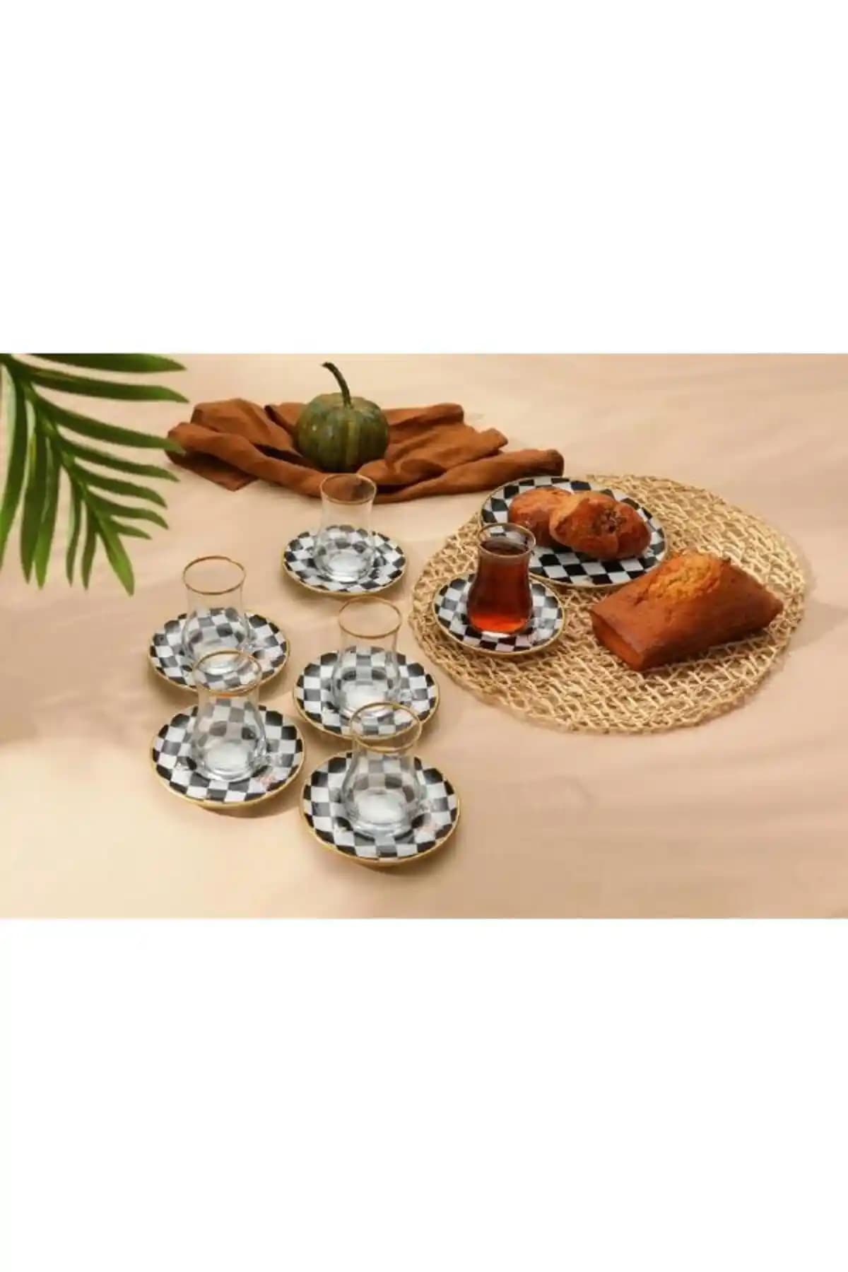 GÜRCÜGLASS Damalı Kelebekli Çay Seti 12 Parça Modern ve Şık Tasarım