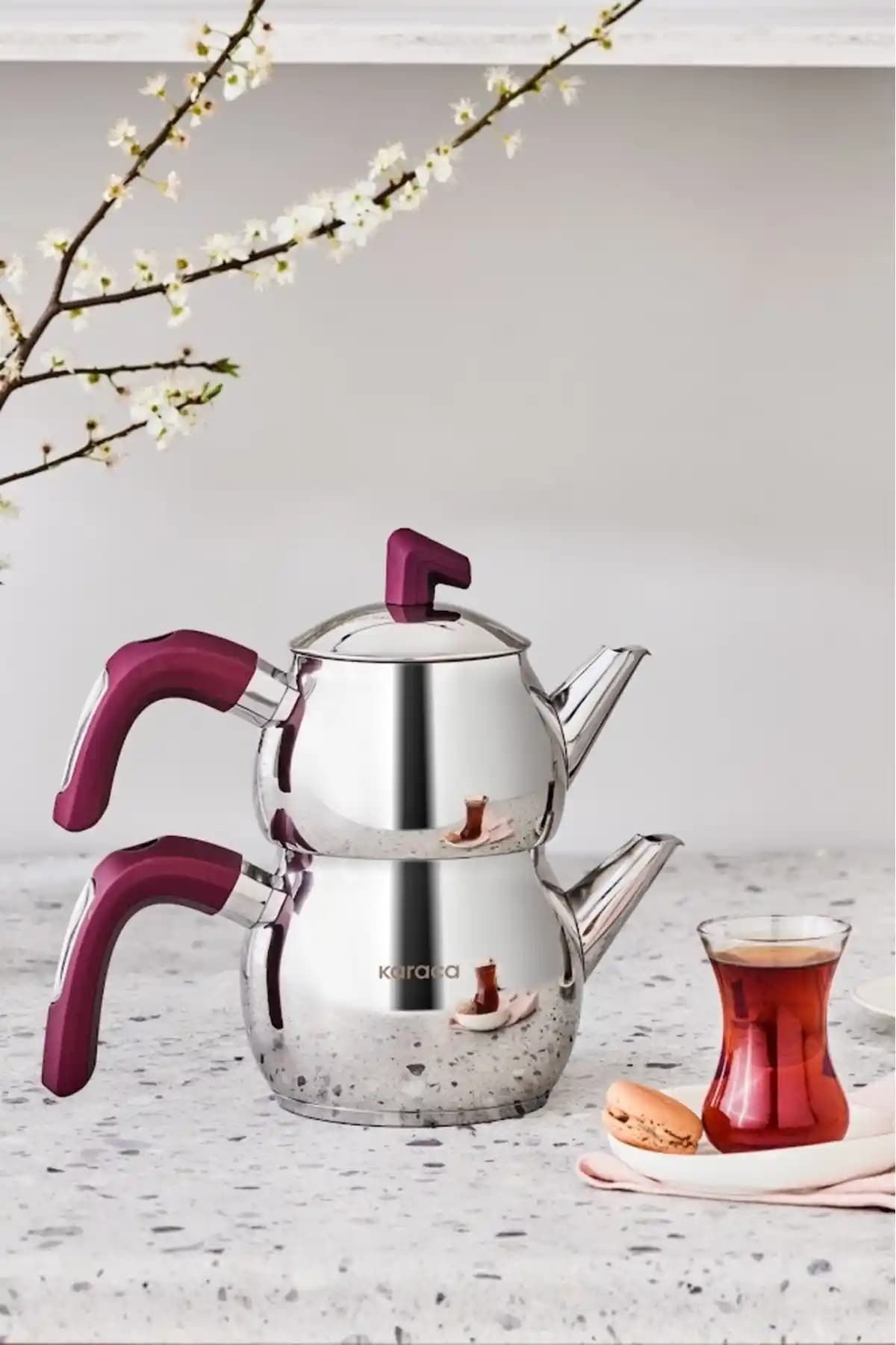 Karaca Viyola İndüksiyon Tabanlı Midi Çaydanlık Takımı Mürdüm Renkli Paslanmaz Çelik