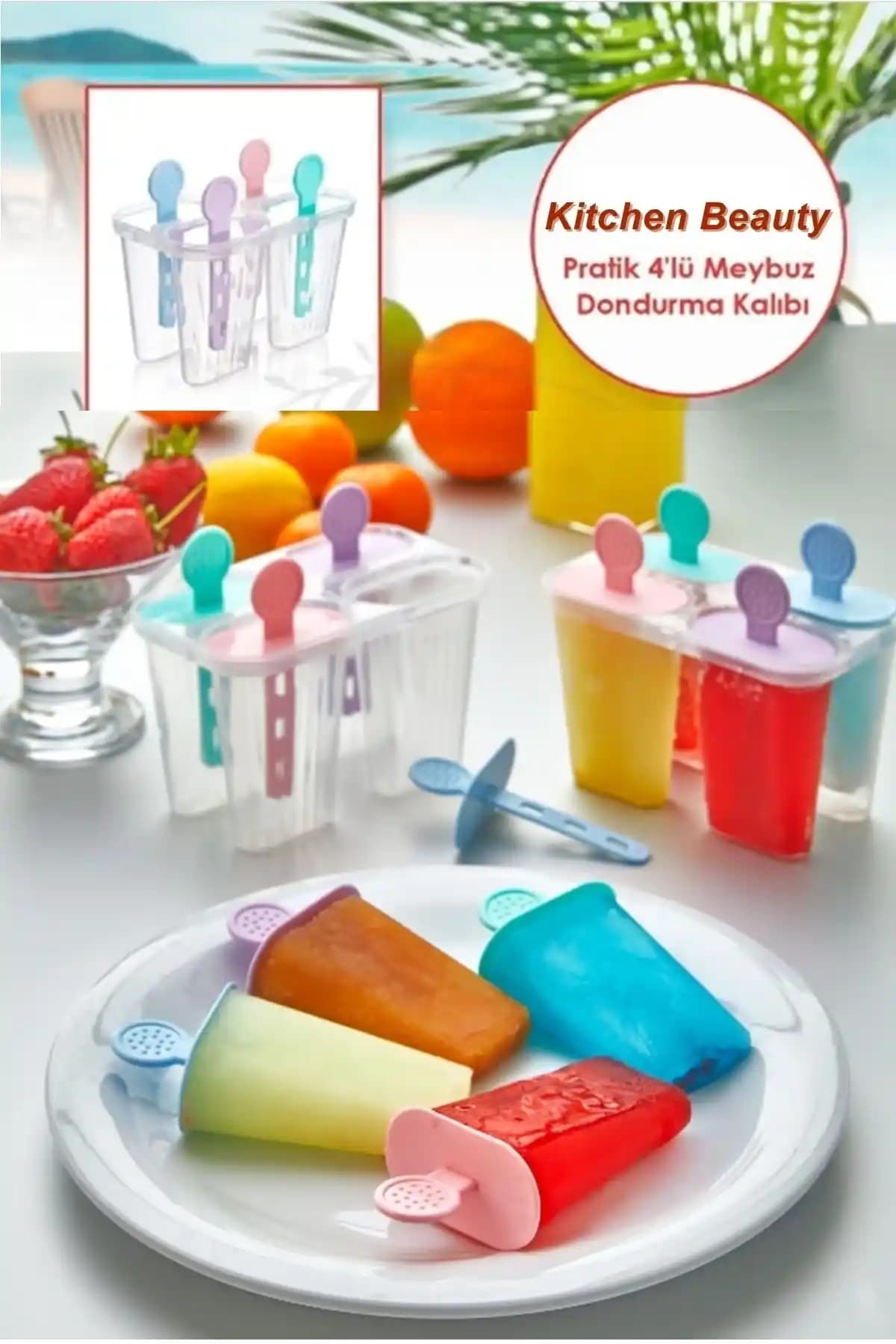 Kitchen Beauty Renkli Pratik 4’lü Meybuz Dondurma Kalıbı Evde Sağlıklı Dondurma Yapımı İçin