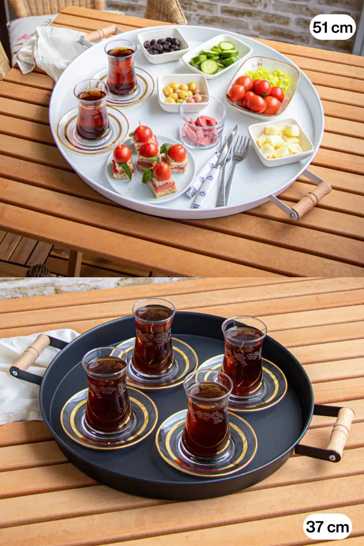 Kitchen Trend 51 cm Beyaz ve Siyah Metal Yuvarlak Tepsi Seti ile Şık Sunumlar