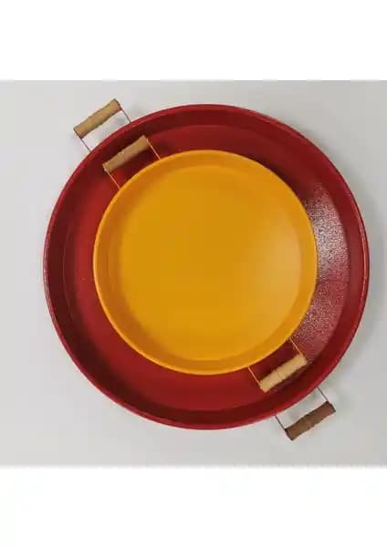 Kitchen Trend 51 cm Kırmızı ve 37 cm Sarı Metal Yuvarlak Tepsi Seti İdeal Sunum ve İkram Aksesuarı