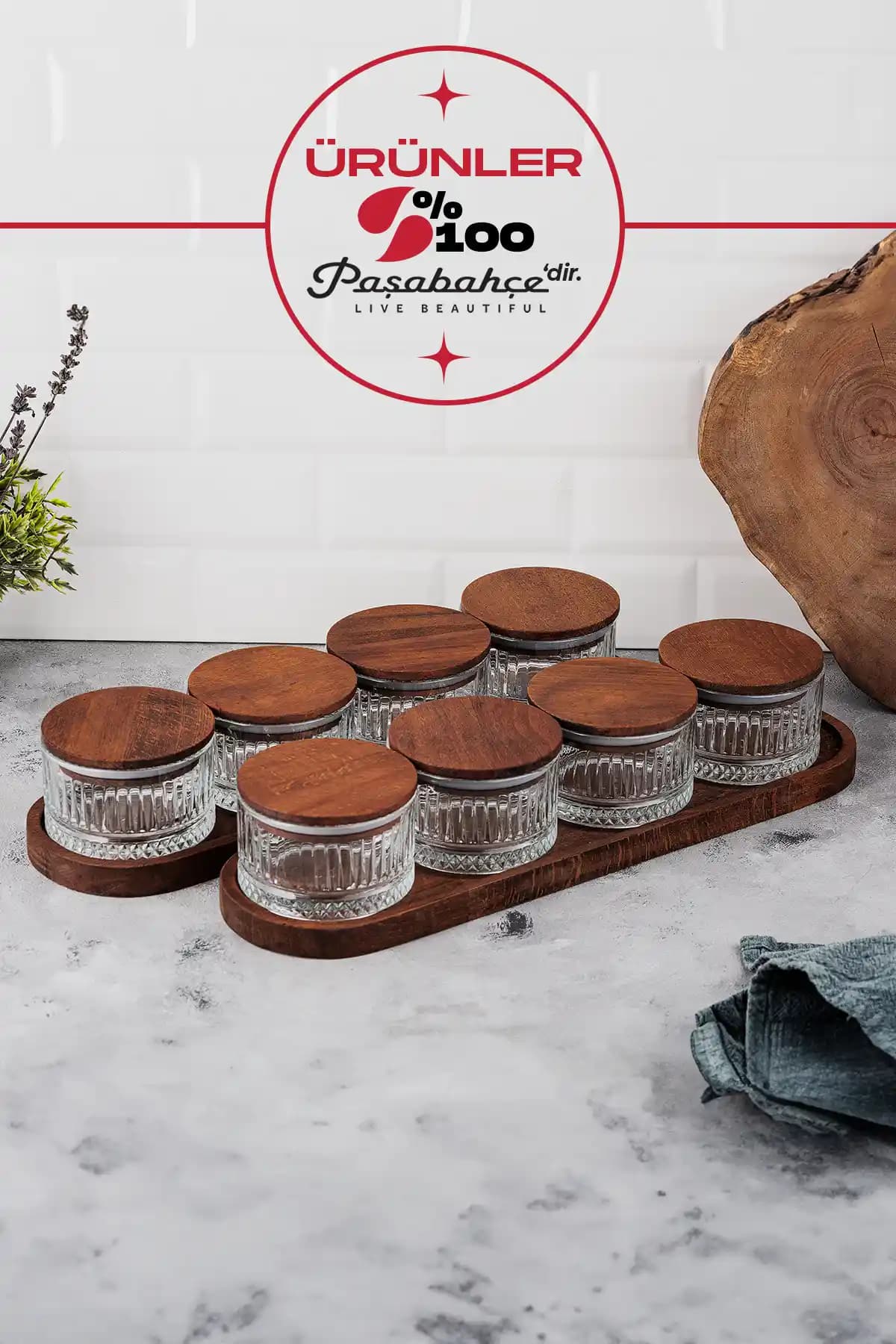 LUX ET AMOR 10 Parça Tepsili Ahşap Vakumlu Kapaklı Cam Kahvaltılık Seti