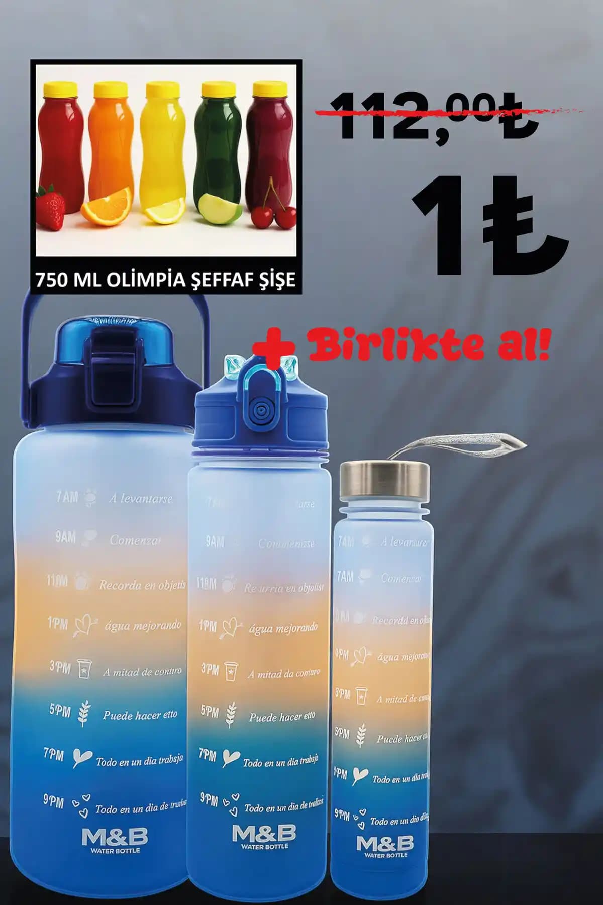 M&B Water Bottle 3'lü Motivasyonel Su Matarası Seti Günlük Kullanım İçin Dayanıklı ve Sağlıklı