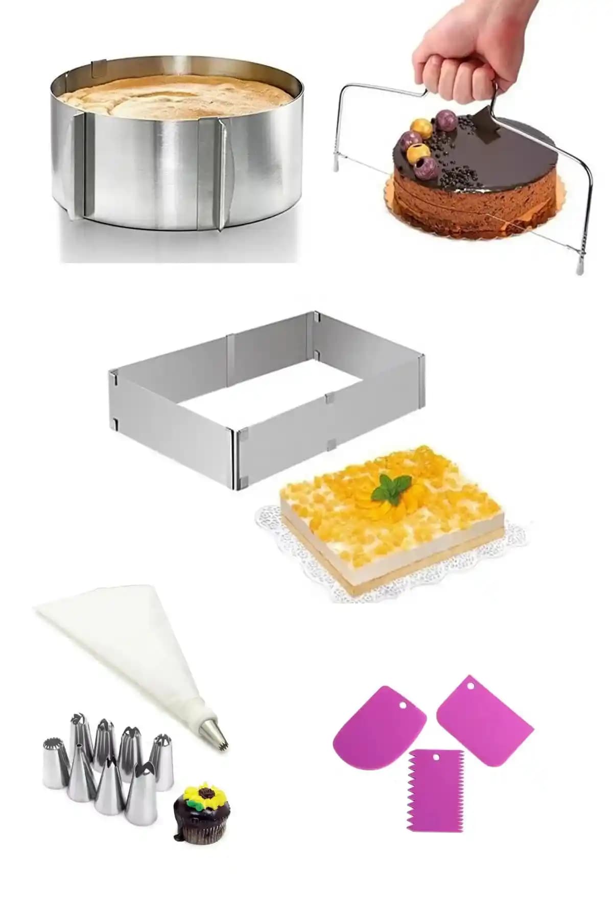 Mirilliahome 7 Parça Ayarlanabilir Çelik Kek Kalıbı Seti Çok Yönlü ve Dayanıklı Mutfak Gereci