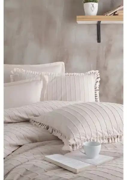 Nordqueen %100 Pamuk Çift Kişilik Püsküllü Nevresim Seti Estina Taş Rengi