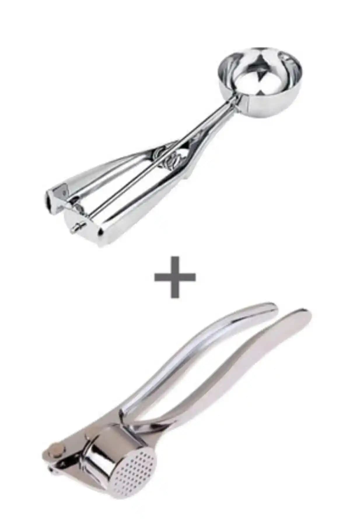 Paslanmaz Çelik Sarımsak Ezici ve Dondurma Kaşığı Seti Modern Mutfaklar İçin Dayanıklı ve Estetik