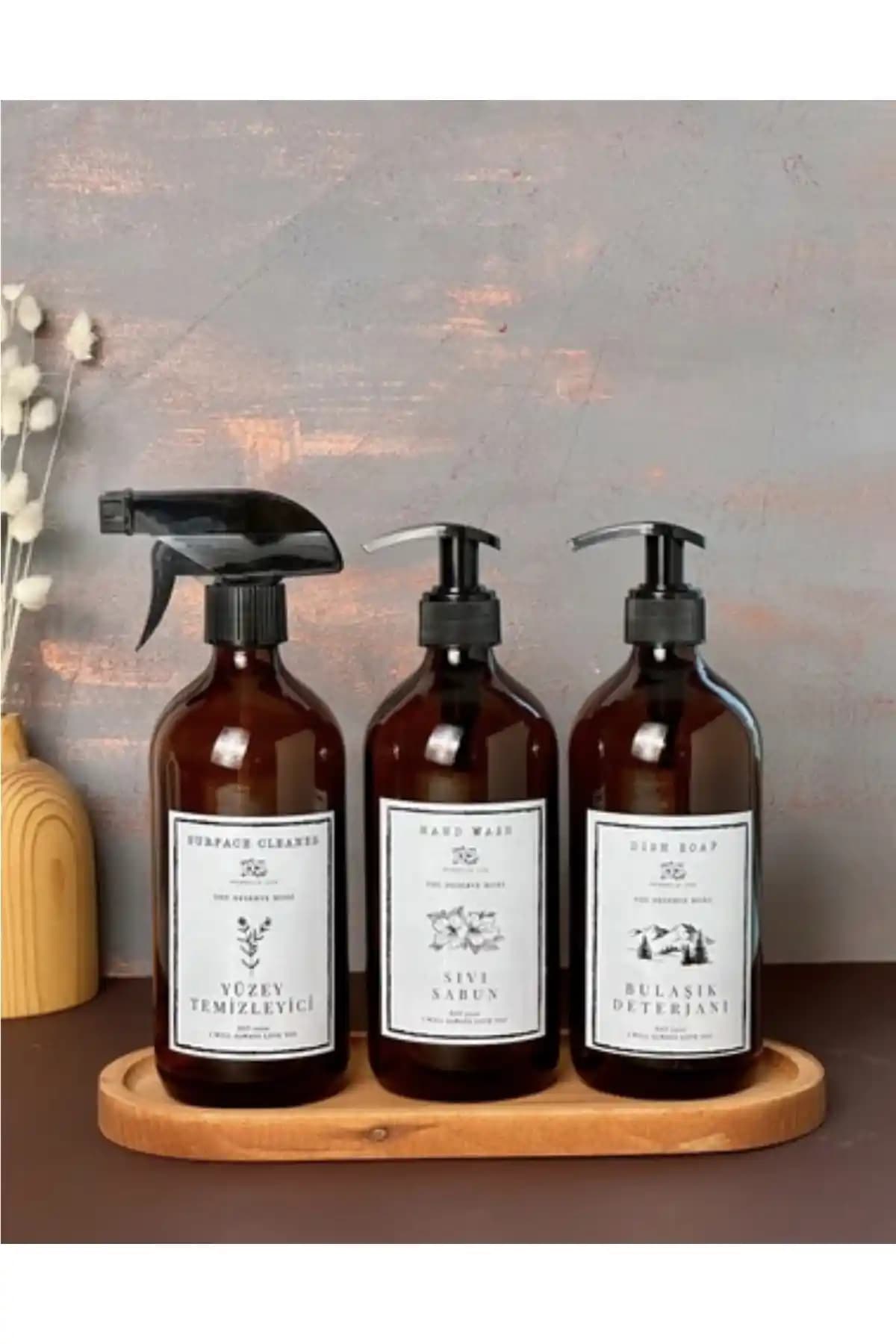 Pembelia Life Ahşap Standlı 3'lü Amber Cam Temizlik Seti - Estetik ve Fonksiyonel Tasarım