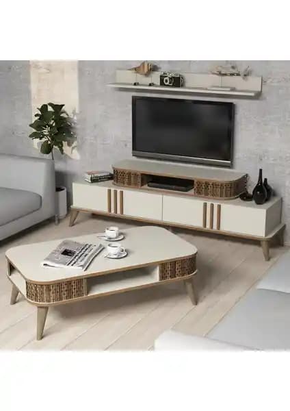 Variant Mobilya Eylül Serisi Krem Renkli Modern TV Ünitesi ve Orta Sehpa Takımı