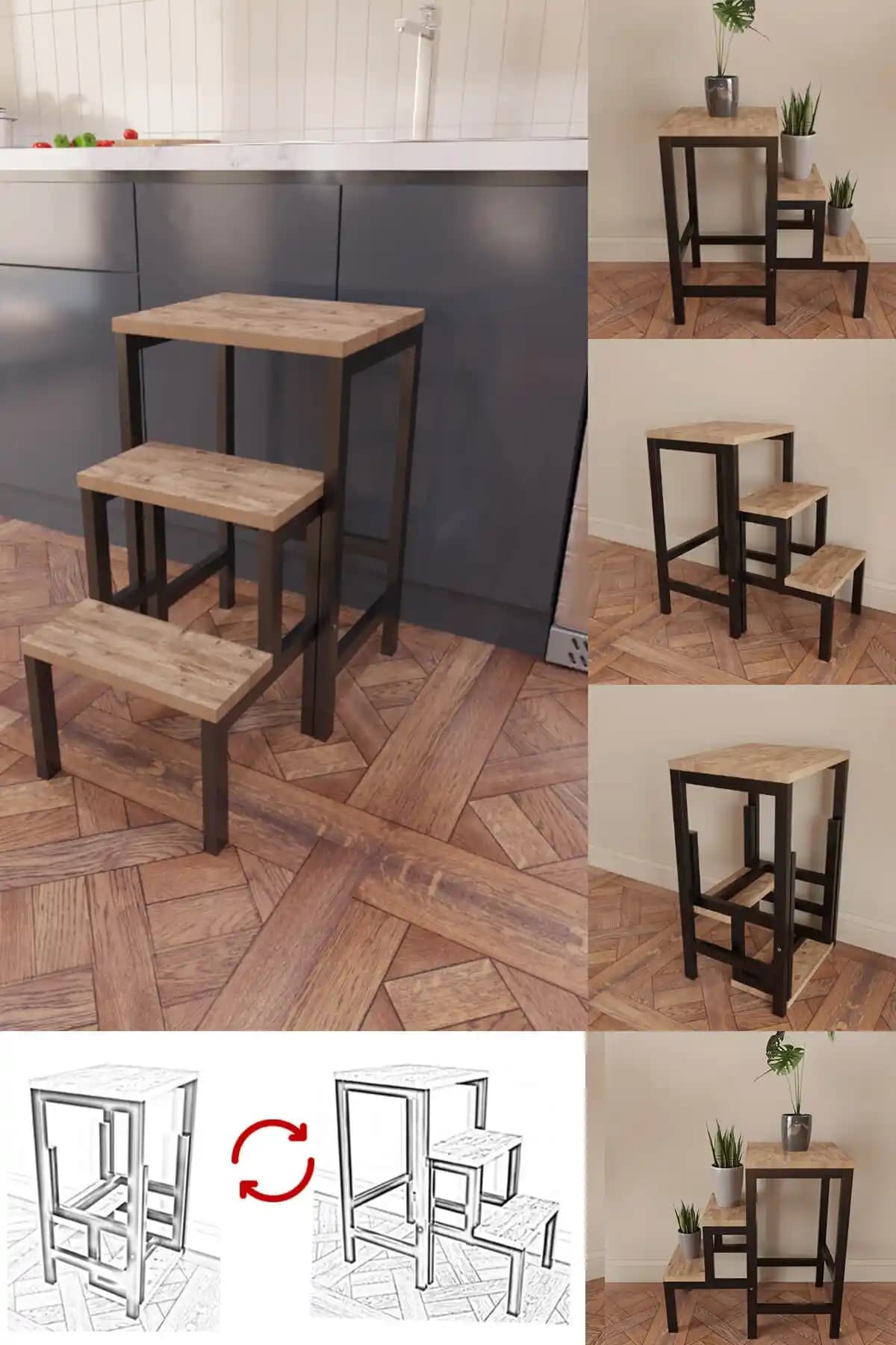 YüceerHome Çok Amaçlı Katlanabilir Metal Ahşap Basamaklı Merdiven ve Tabure Özellikleri