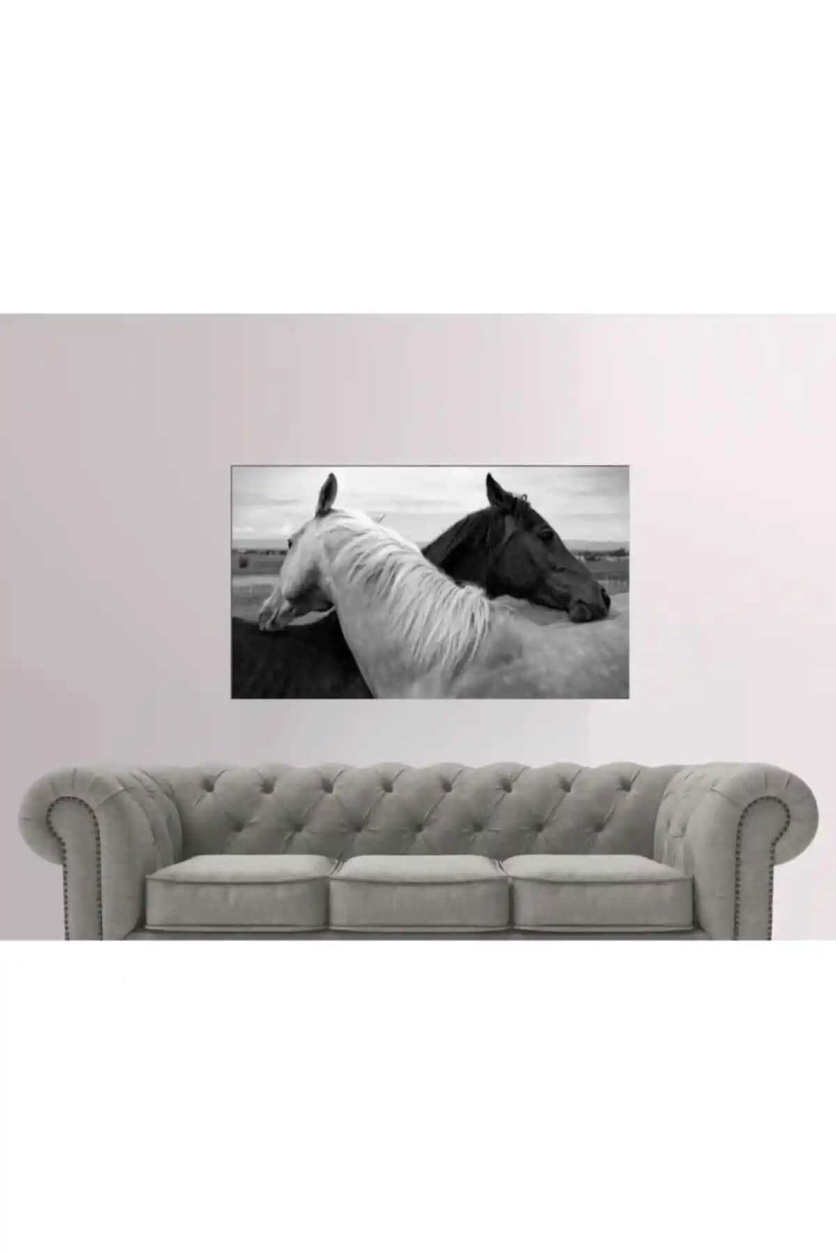 Modern Mekânlar İçin Siyah Beyaz At Temalı Kanvas Tablo 70x100 Cm Dekoratif Sanat