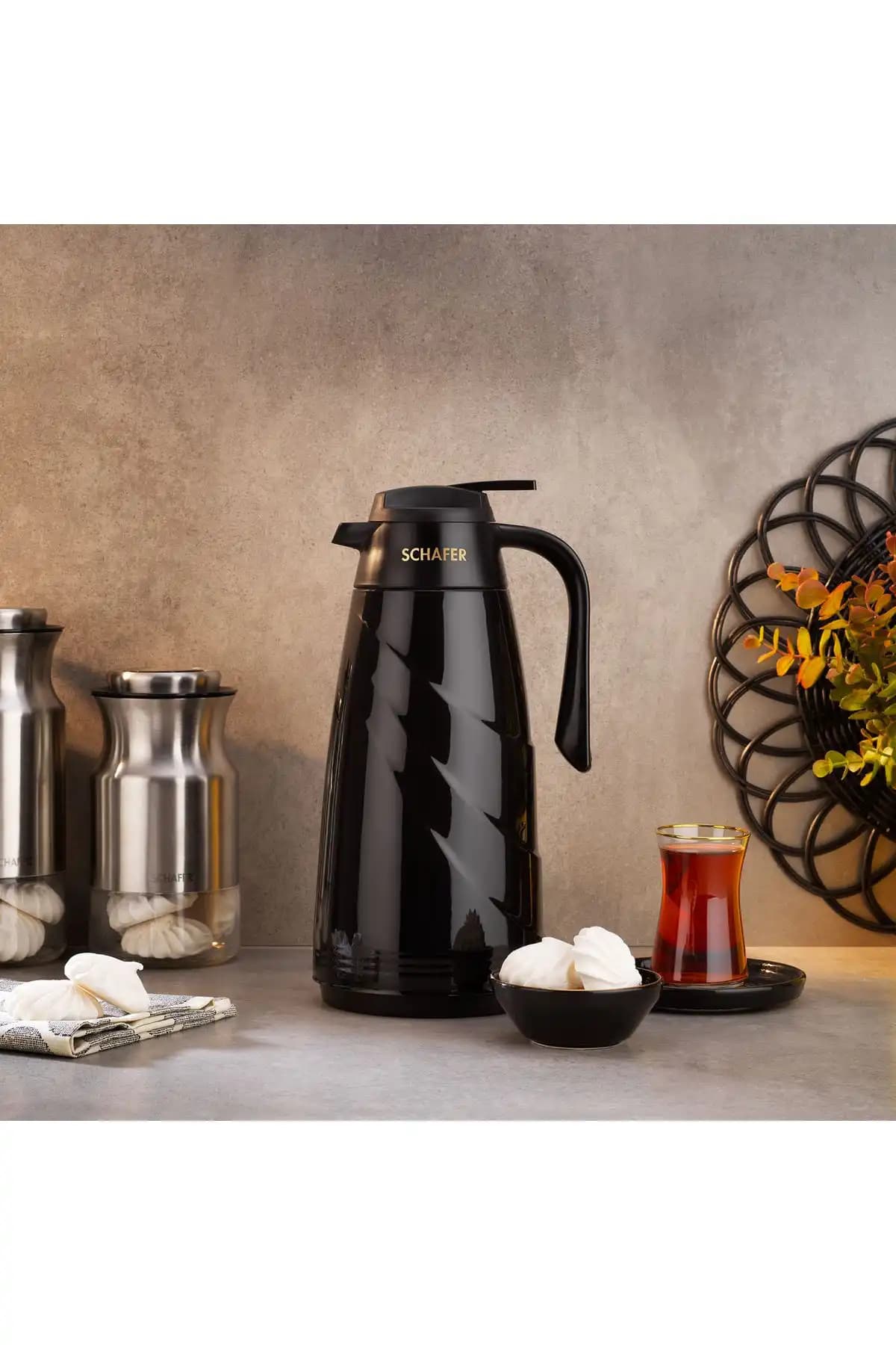 Schafer Kitchenhouse Mimoza Cam Termos 1,5 L Siyah - Uzun Süre Sıcak veya Soğuk Tutma Özelliği