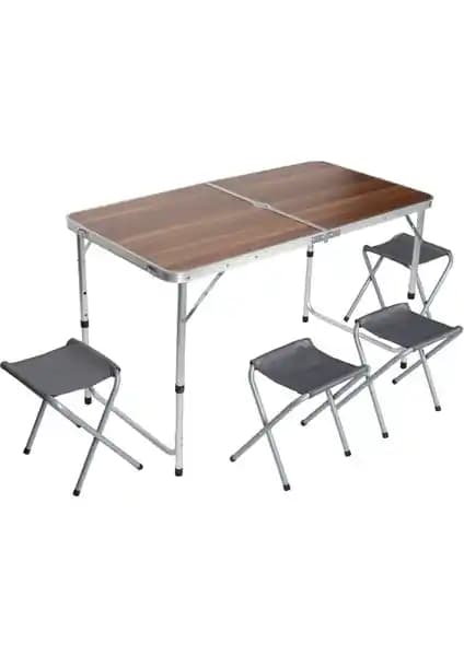 Uniqamping Çanta Tipi 4 Tabureli Katlanır Kamp Masa Seti Doğal Ahşap Desen Tasarımıyla