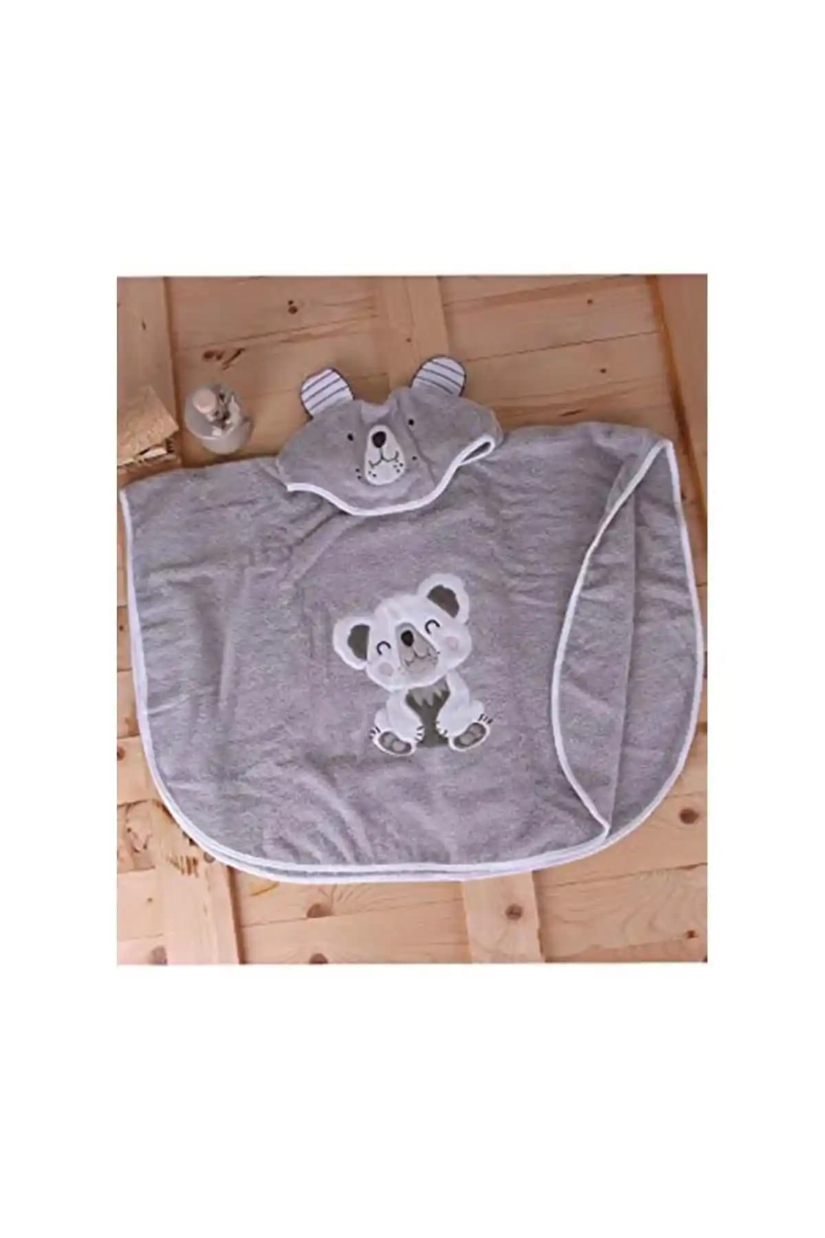 Genel Markalar %100 Pamuk Yuvarlak Koala Çocuk Banyo ve Plaj Panço Havlu Gri