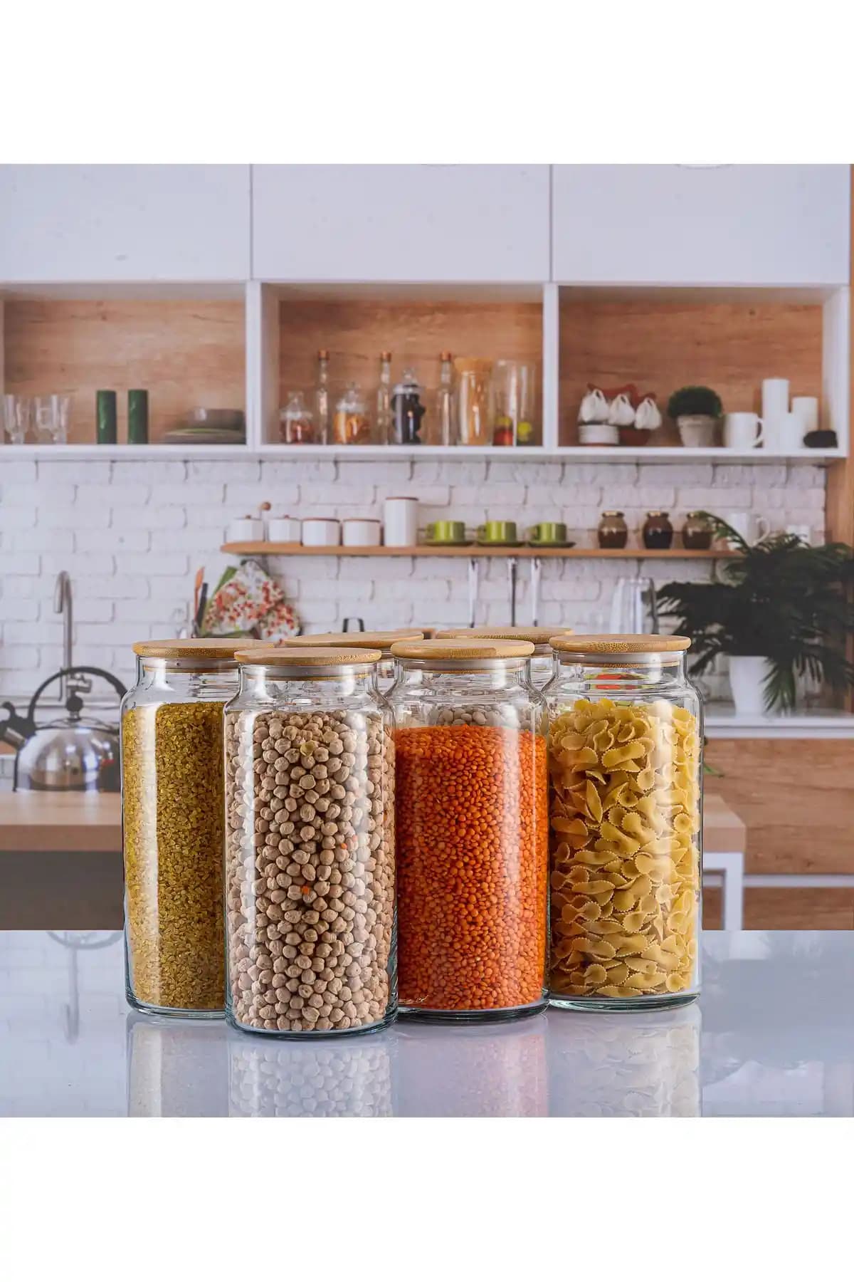Karçiçeği Home 6'lı Vakumlu Bambu Kapaklı 1300ml Kavanoz Takımı Mutfak Dekorasyonu