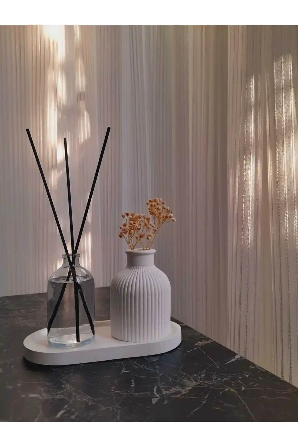 Modern ve Şık Dekoratif Mini Pampas Kuru Çiçek Vazosu ve Oda Kokusu Seti
