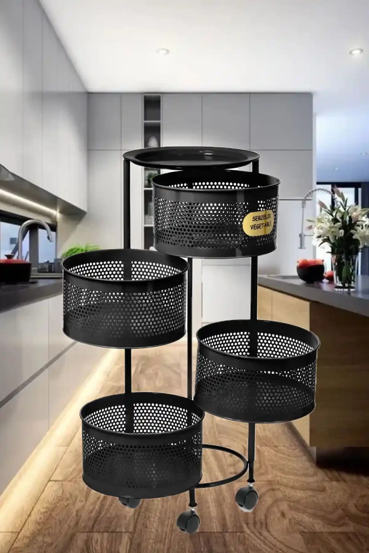 Bayev 4 Katlı Siyah Tekerlekli Sebze ve Meyve Sepeti: Dayanıklı ve Şık Tasarım