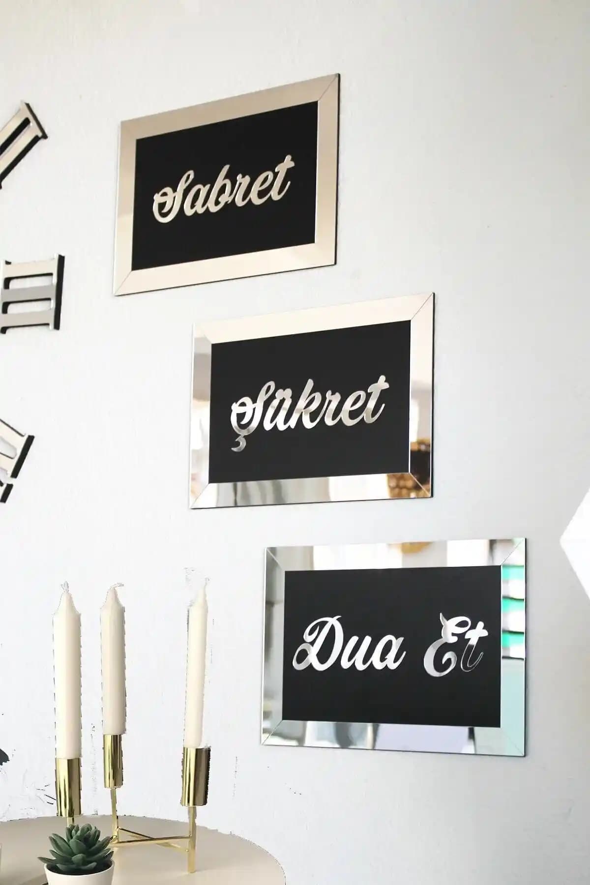 Genel Markalar 3D Gümüş Aynalı Sabret Şükret Dua Et Üçlü Set Islami Duvar Tablosu