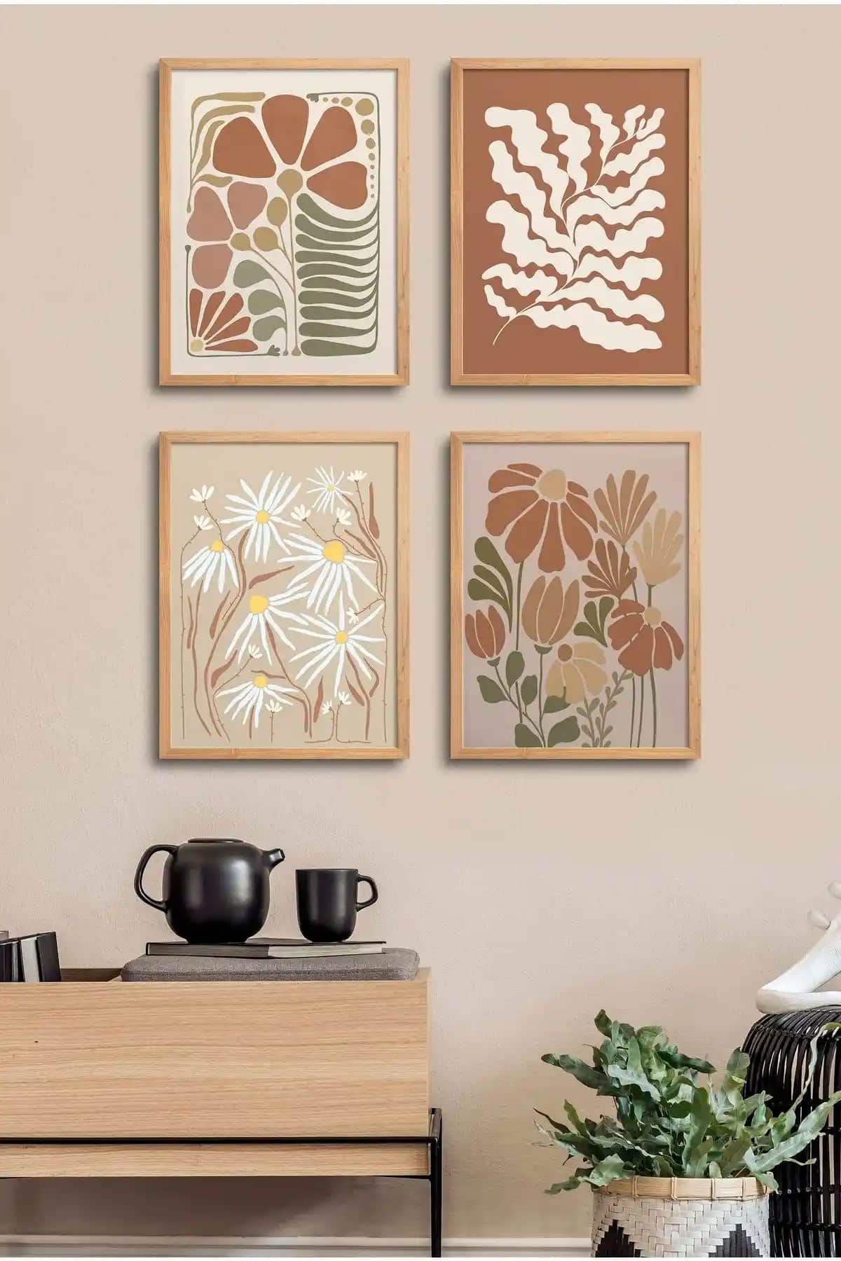 HOMEPACK Doğal Ahşap Çerçeveli 4'lü Tablo Seti Doğal ve Renkli Ev Dekorasyonu İçin