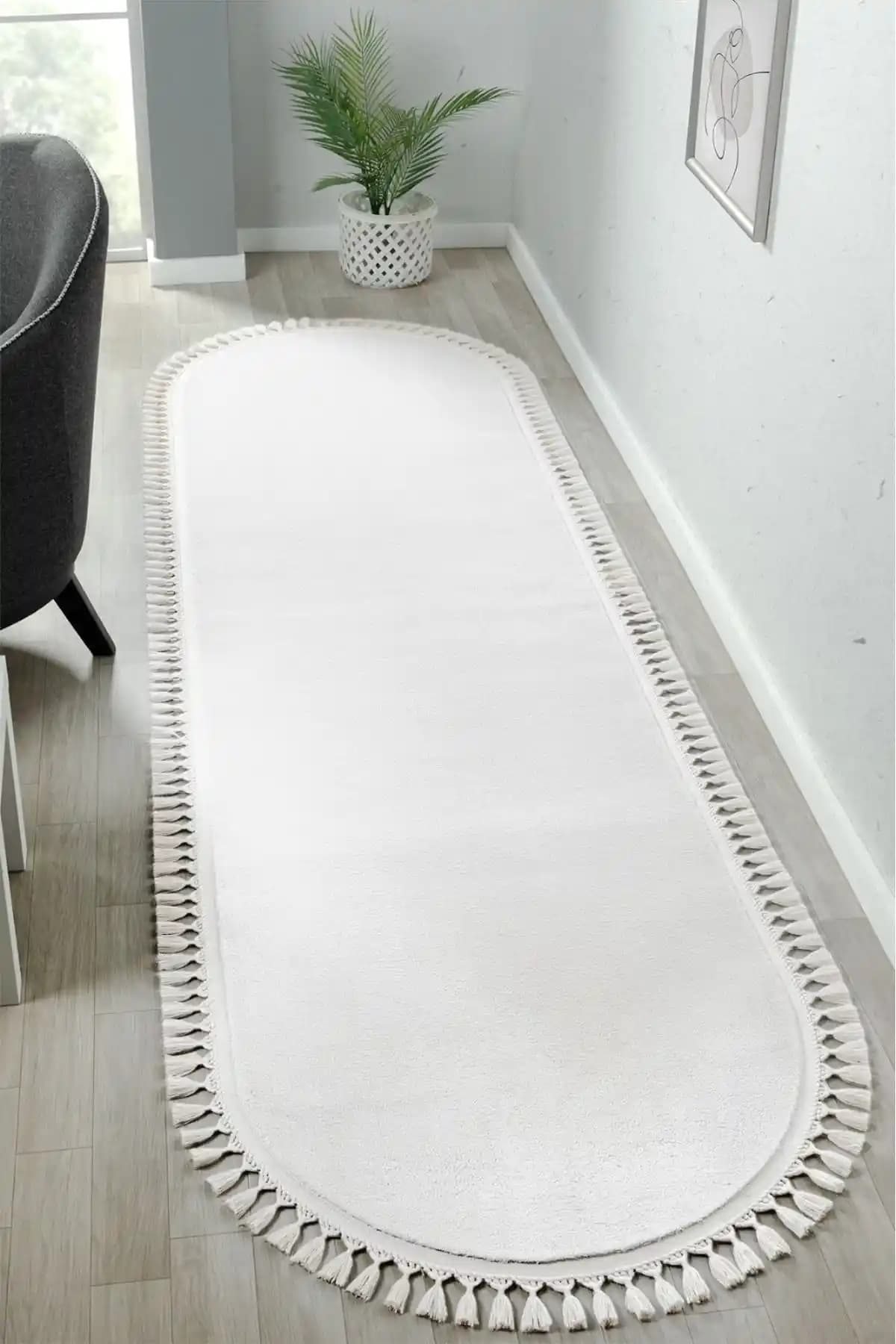 Linos Home Puffy Krem Oval Saçaklı Peluş Halı Modern ve Şık Dekorasyon Unsuru