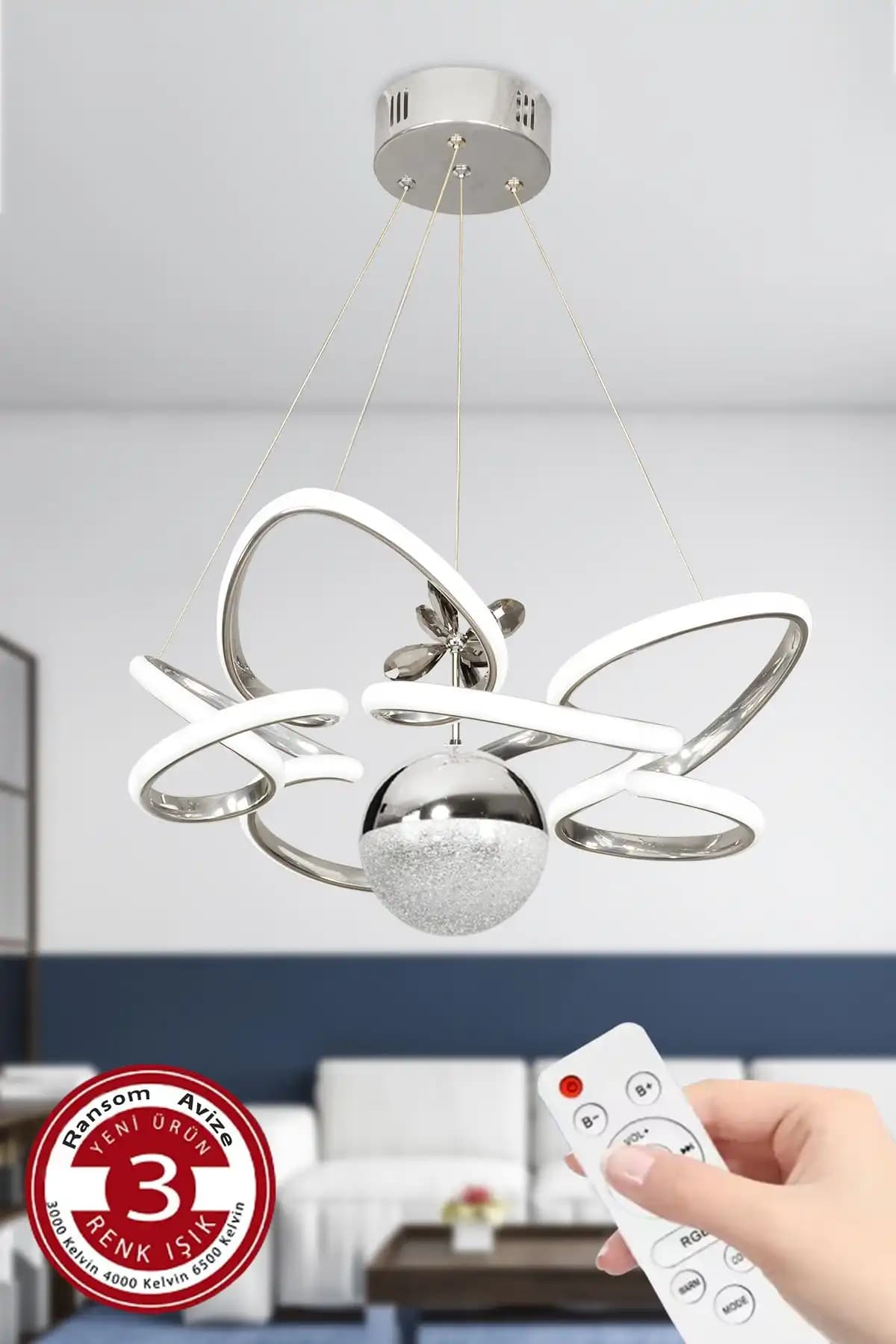 Modern 3 Renk Kumandalı Krom Gümüş Salon Avizesi Büyük Boy Şık ve Fonksiyonel Tasarım