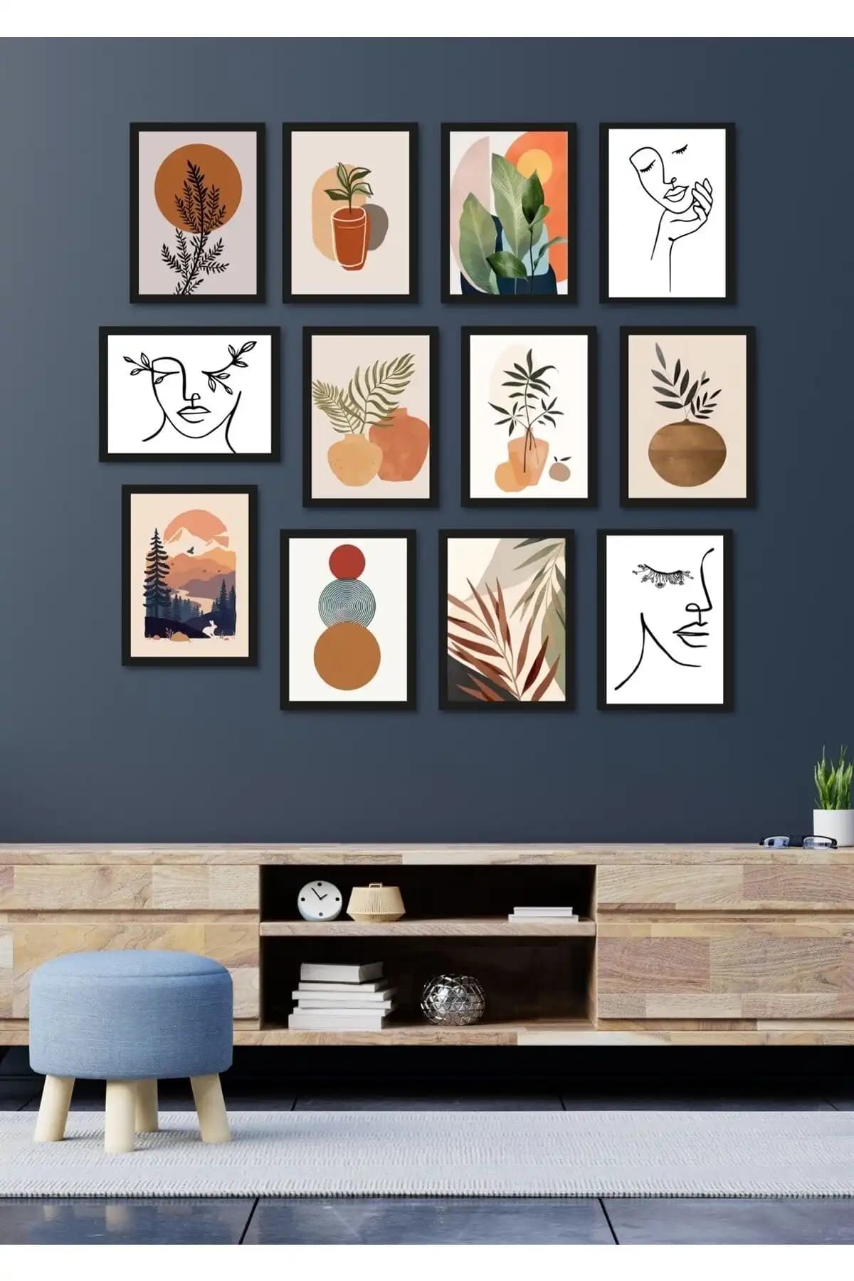 NT Handmade Siyah Çerçeveli Bohem Yüzler Duvar Dekoru Seti 12 Parça Modern ve Şık Tasarım