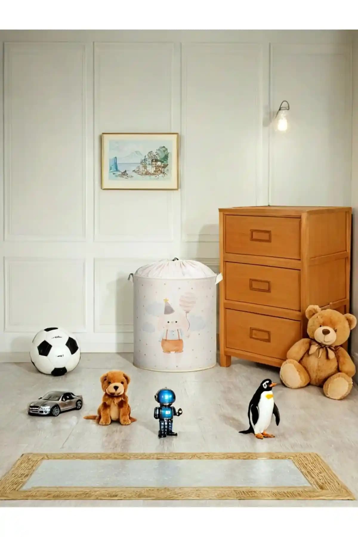 PRENDİ HOME Tavşan Baskılı Fileli Çok Amaçlı Oyuncak Kirli Çamaşır Sepeti 37x40 cm