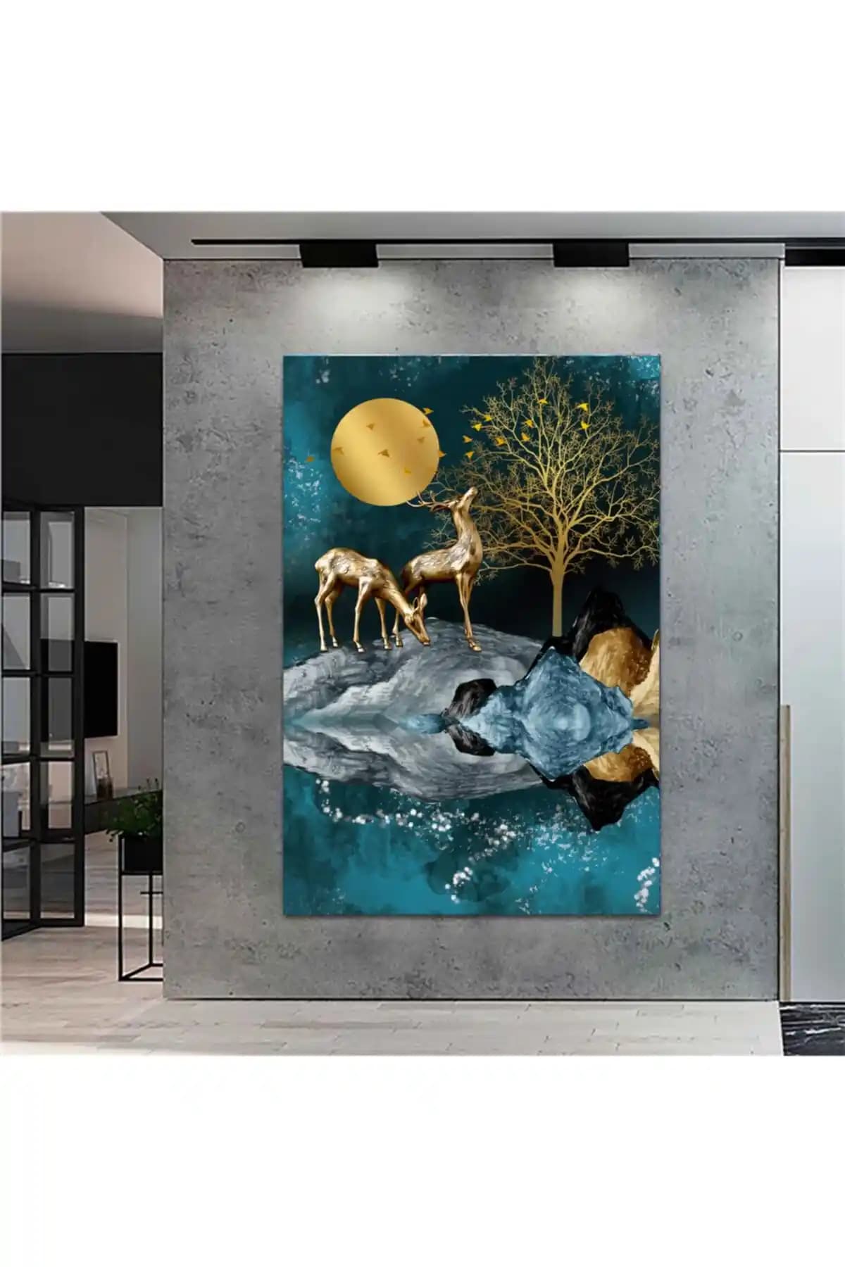 Sebenta Altın Dokulu Geyik Manzara Kanvas Tablo Modern ve Doğa Temalı Dekorasyon İçin