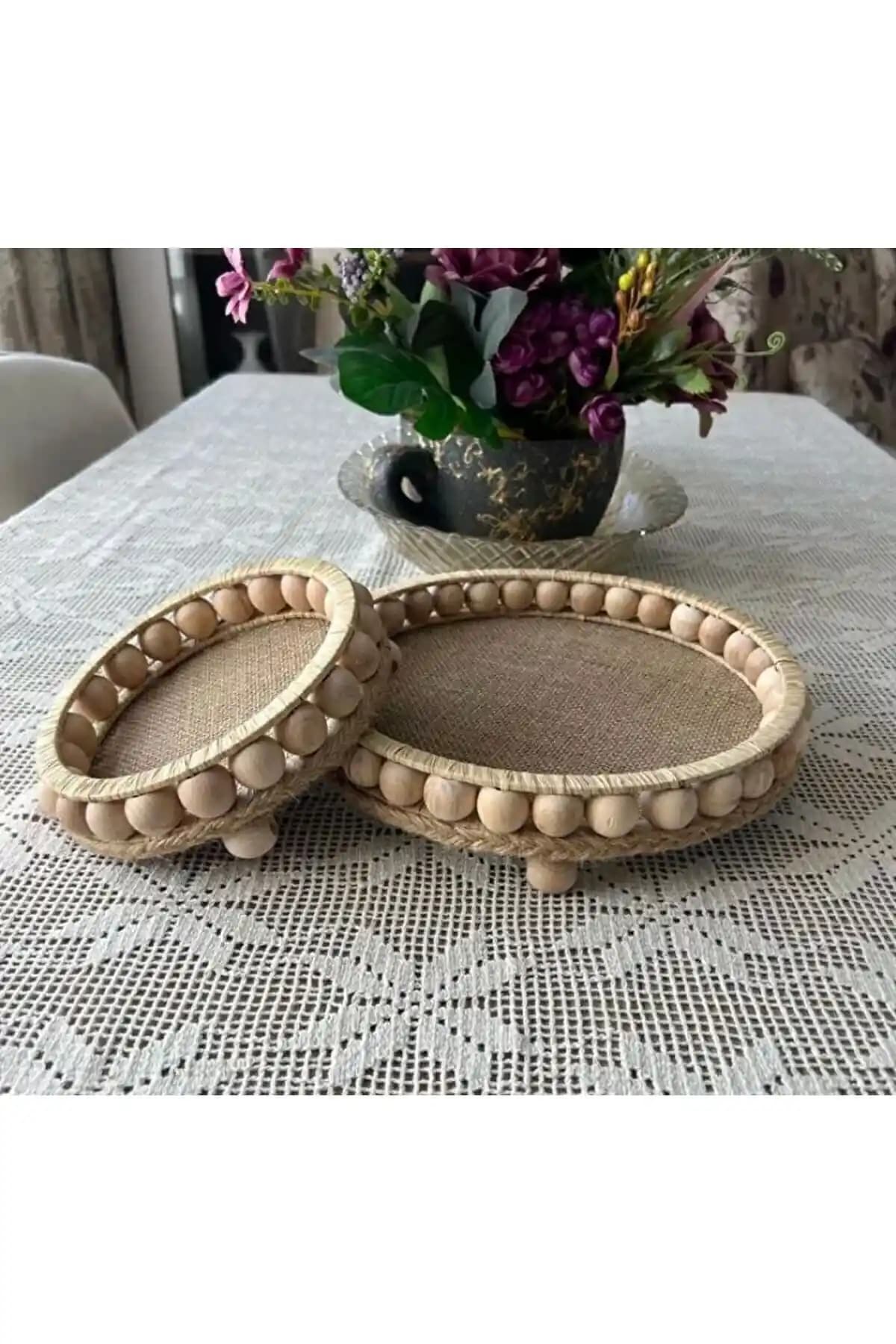 YılÇay El Yapımı Ahşap Boncuklu Rafya Hasır Sepetleri Ev Dekorasyonu İçin Uygun