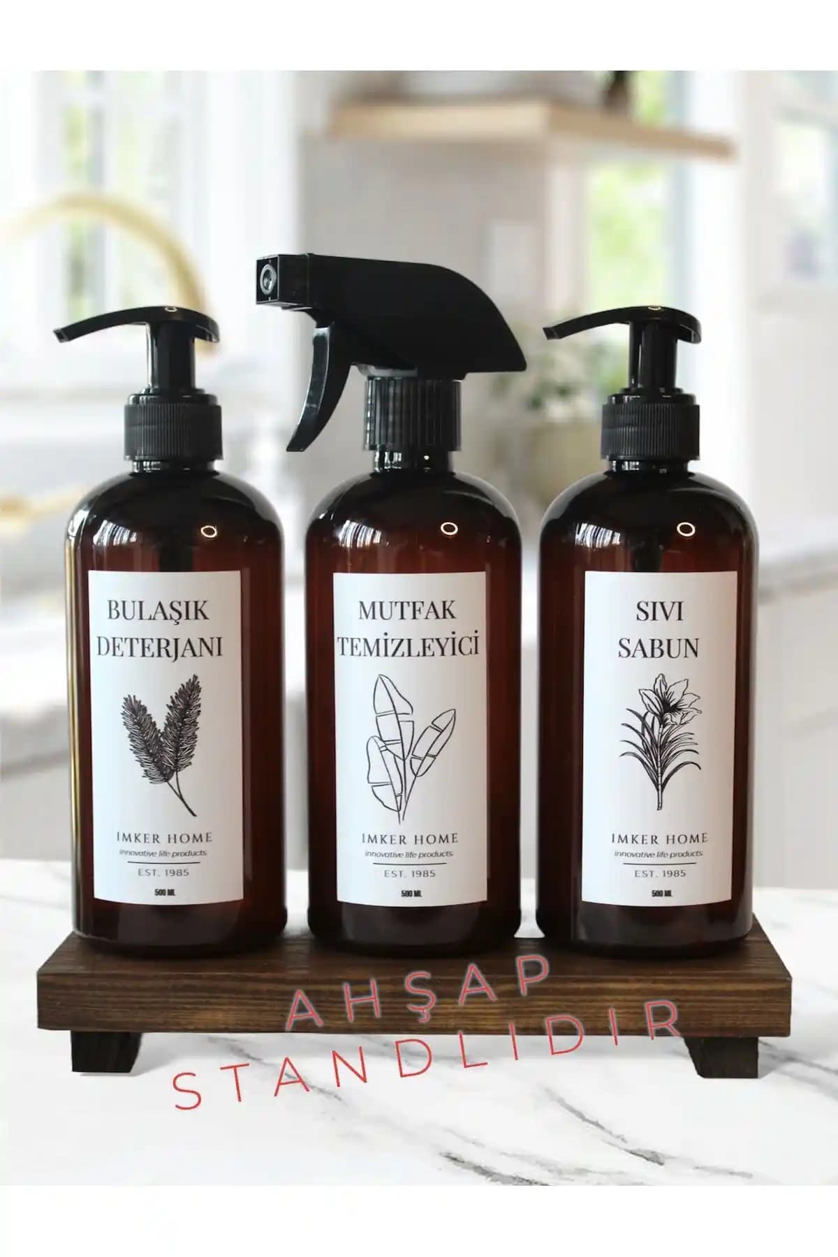 Ahşap Stantlı Amber Renk Pompalı Bulaşık Deterjanı Şişesi - Modern ve Kullanışlı Tasarım