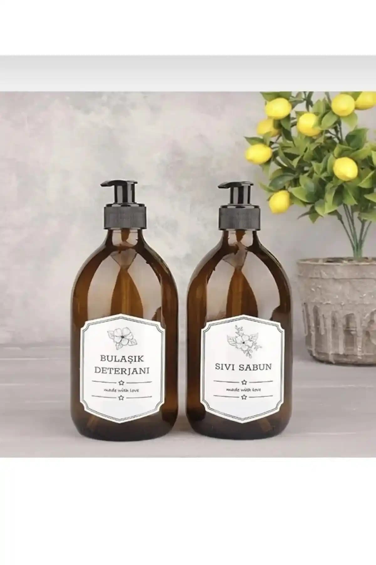 Amentes 300 ml Kahverengi Cam Şişe Sıvı Sabunluk ve Bulaşık Deterjanlık for Mutfak ve Banyo Dekorasyonu