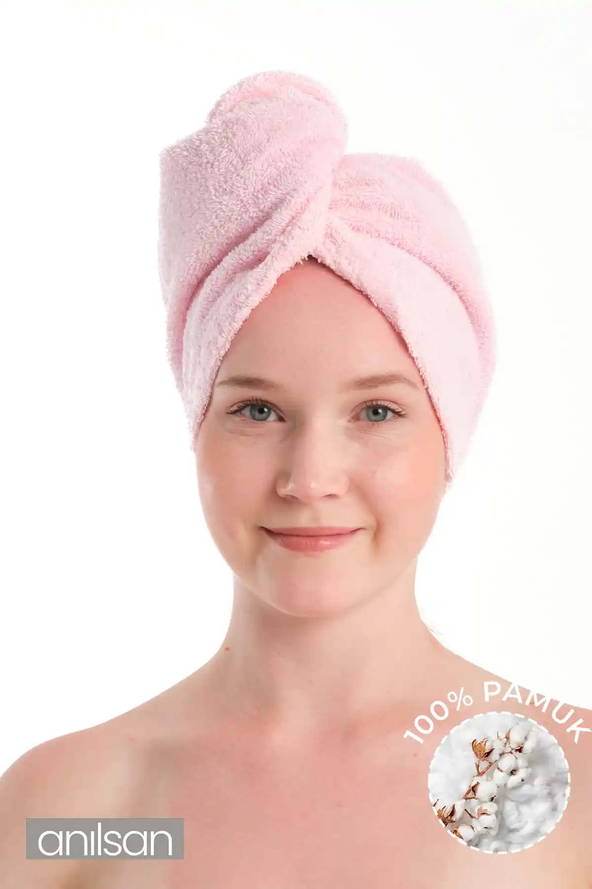 Anılsan %100 Pamuk Pudra Renkli Saç Kurutma Bonesi Geniş ve Yumuşak Tasarım