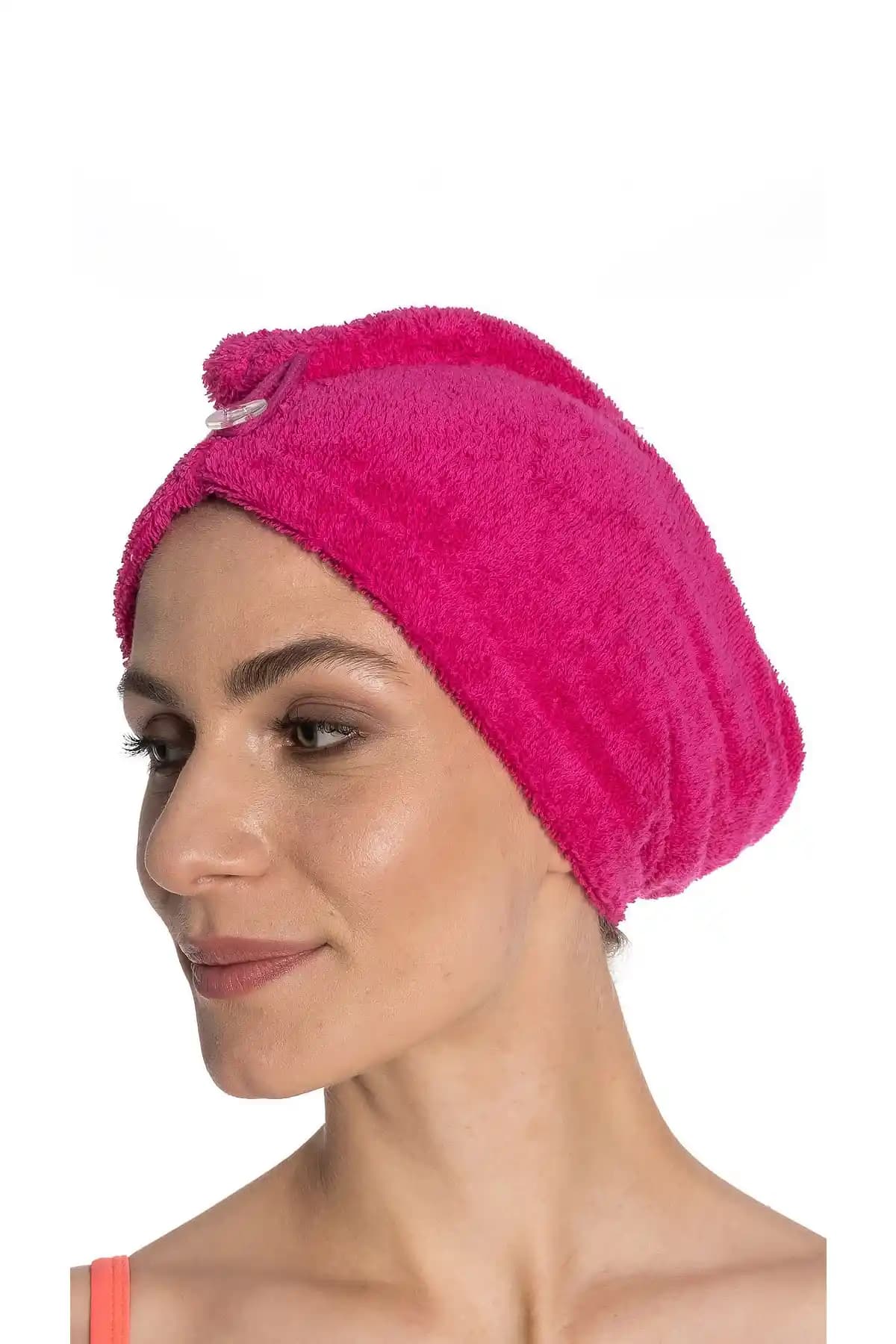 Eumenia Düz Eponj Düğmeli Havlu Kırmızı Renk Saç Kurulama Bonesi Profesyonel Kullanım