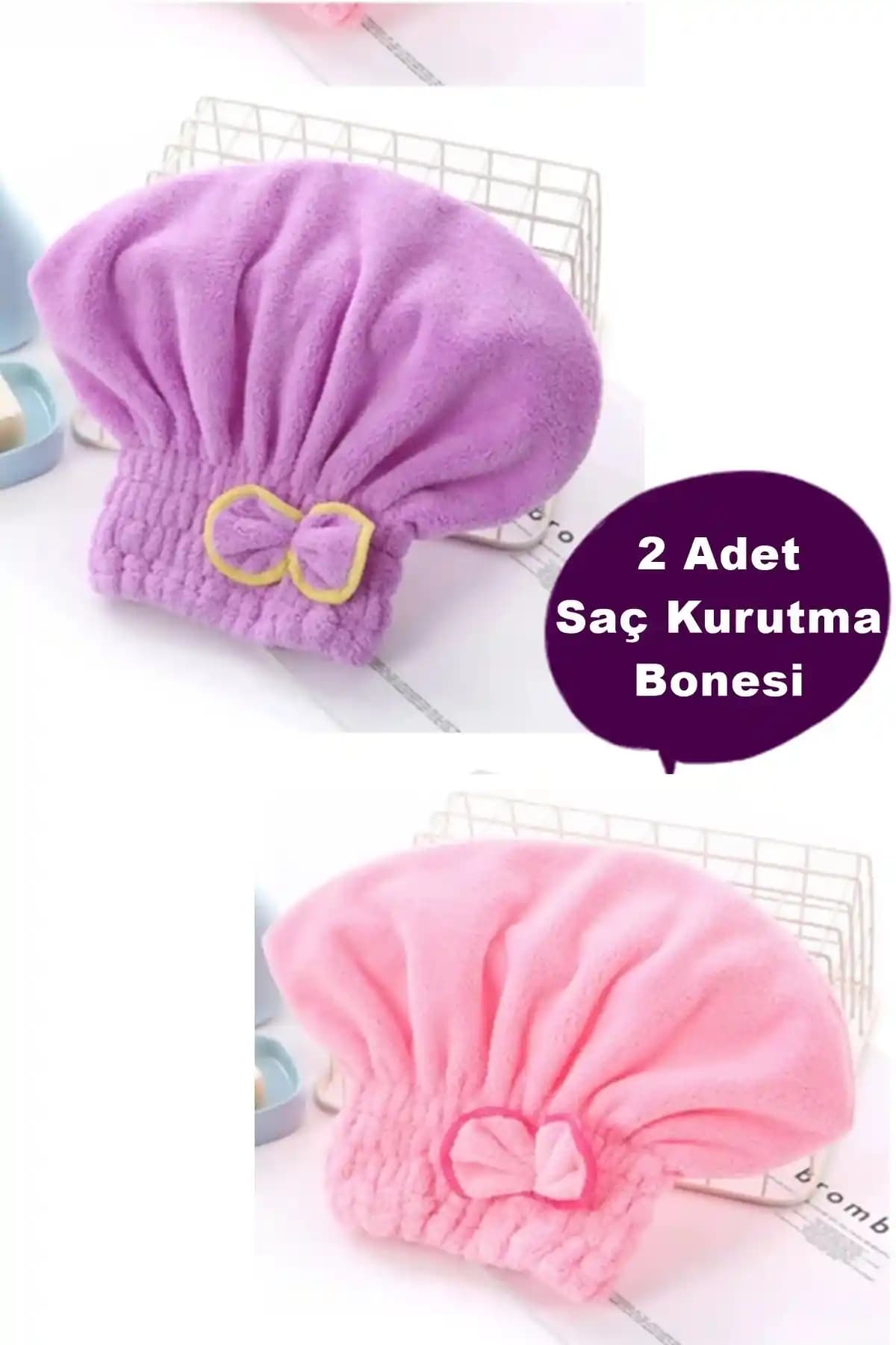 İndirimKap 2 Adet Mikrofiber Saç Kurutma Bonesi Şık ve Pratik Kullanım İçin Uygun