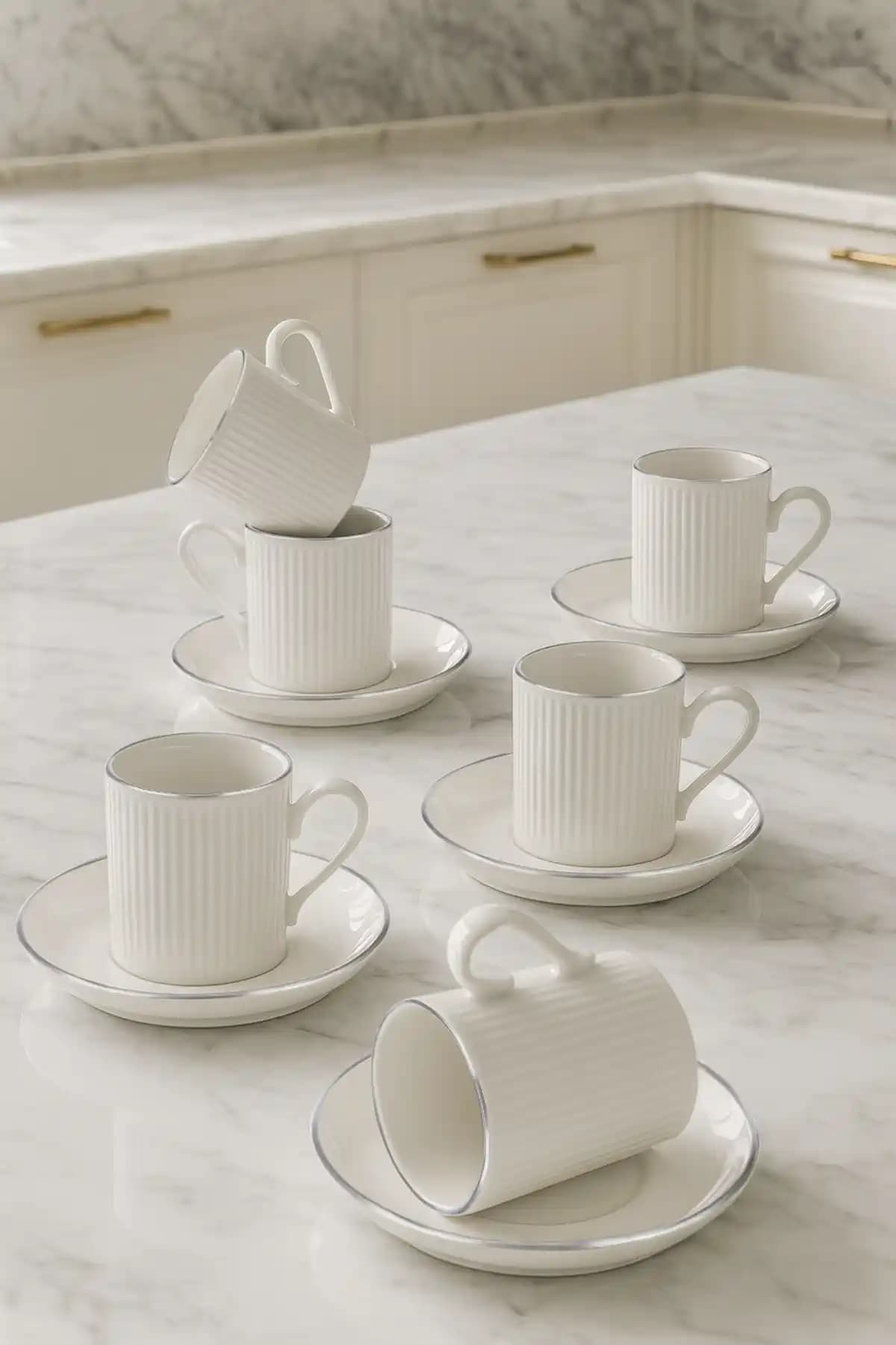 Kitchen Life 12 Parça 6 Kişilik Çizgili Kahve Fincan Takımı Modern Tasarım