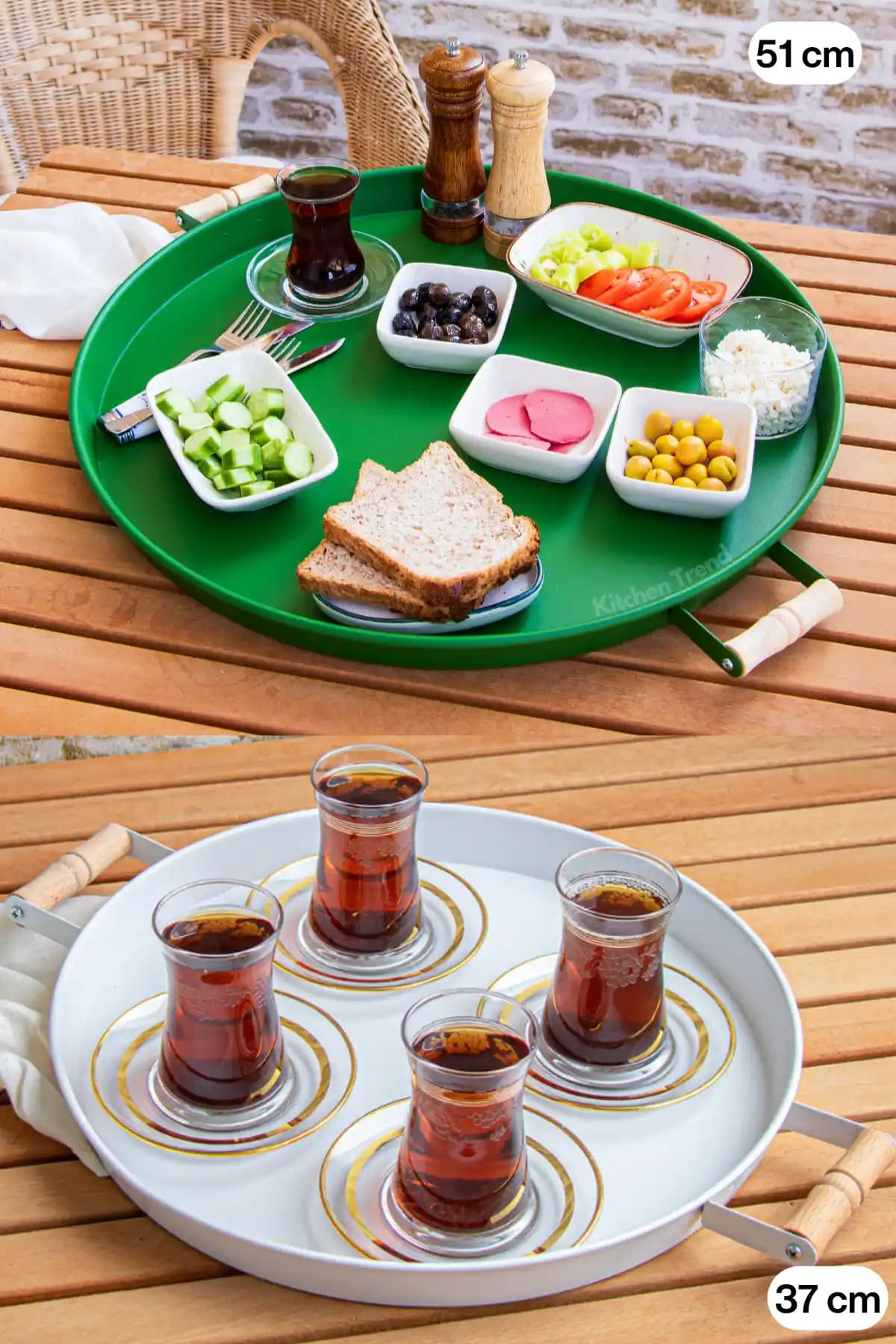 Kitchen Trend 51 cm Yeşil ve 37 cm Beyaz Metal Sunum Tepsisi Seti Evde Şık ve Pratik Servis Çözümleri
