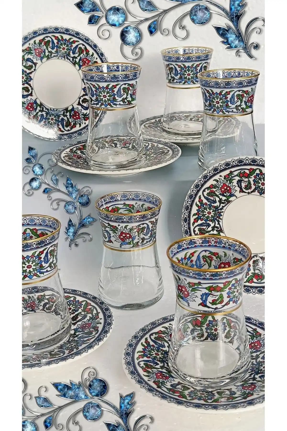 Samsa Heybeli Altın Bitkisel Desenli Çini Motifli Porselen Çay ve Tabak Seti 12 Parça